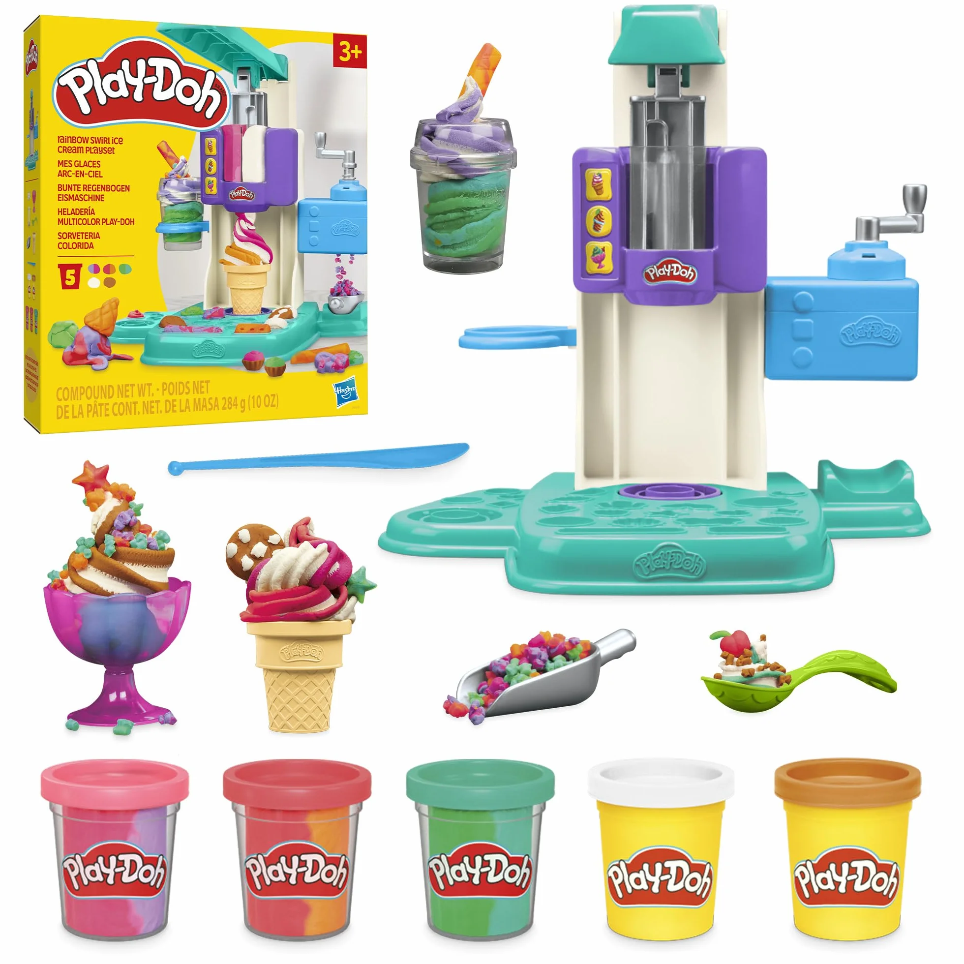 Play-Doh Ciastolina Zakręcone Tęczowe Lody | Lodziarnia, 5 Pojemników, w Tym 3 Dwukolorowe, i 7 Akcesoriów | Zabawka dla 3-Latka i Przedszkolaka | Prezent dla Dzieci, Dziewczynek i Chłopców
