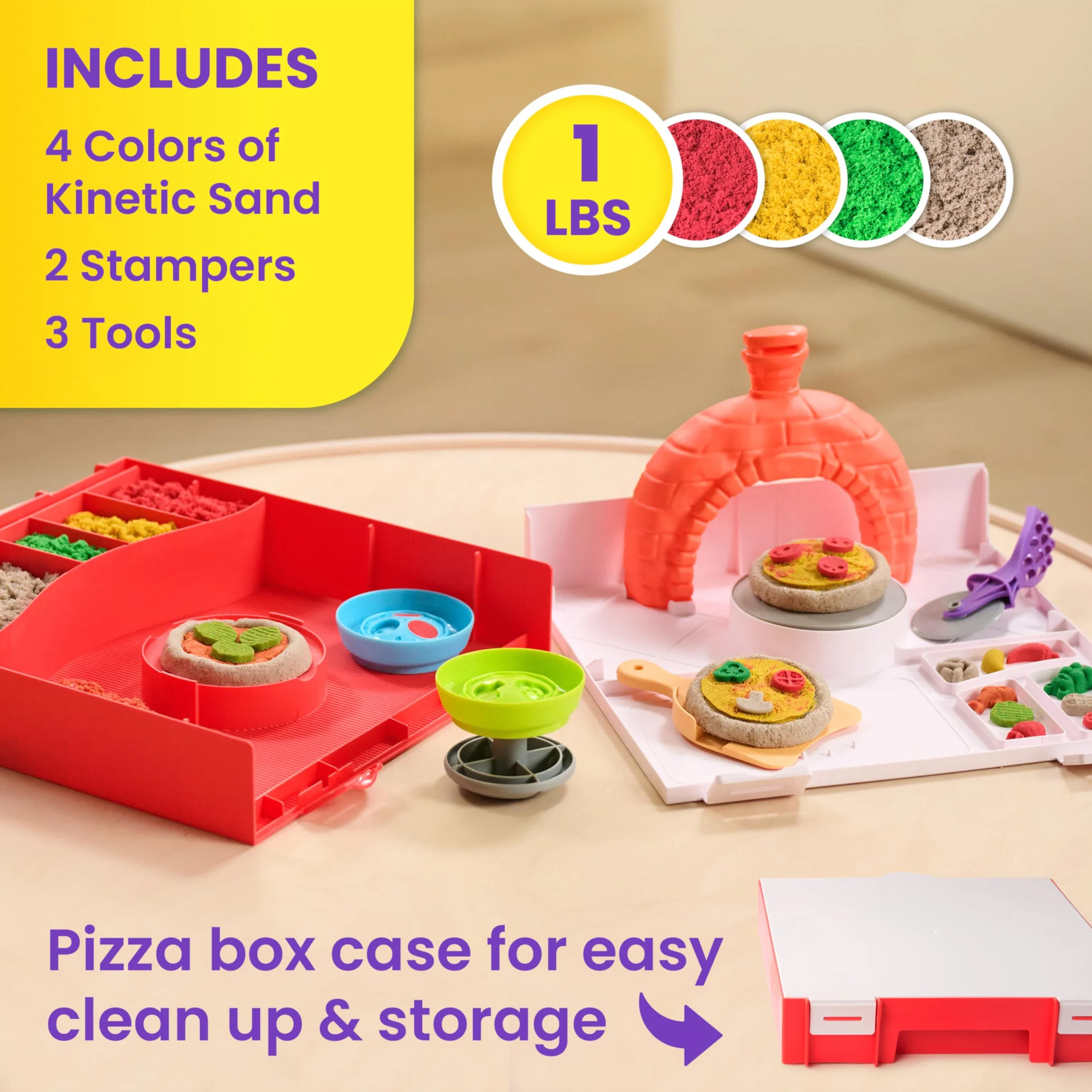 Kinetic Sand, zestaw SquishPizza Rising Pizza z 450 g piasku do zabawy i 5 narzędziami, zabawki dla dziewczynek i chłopców w wieku od 5 lat
