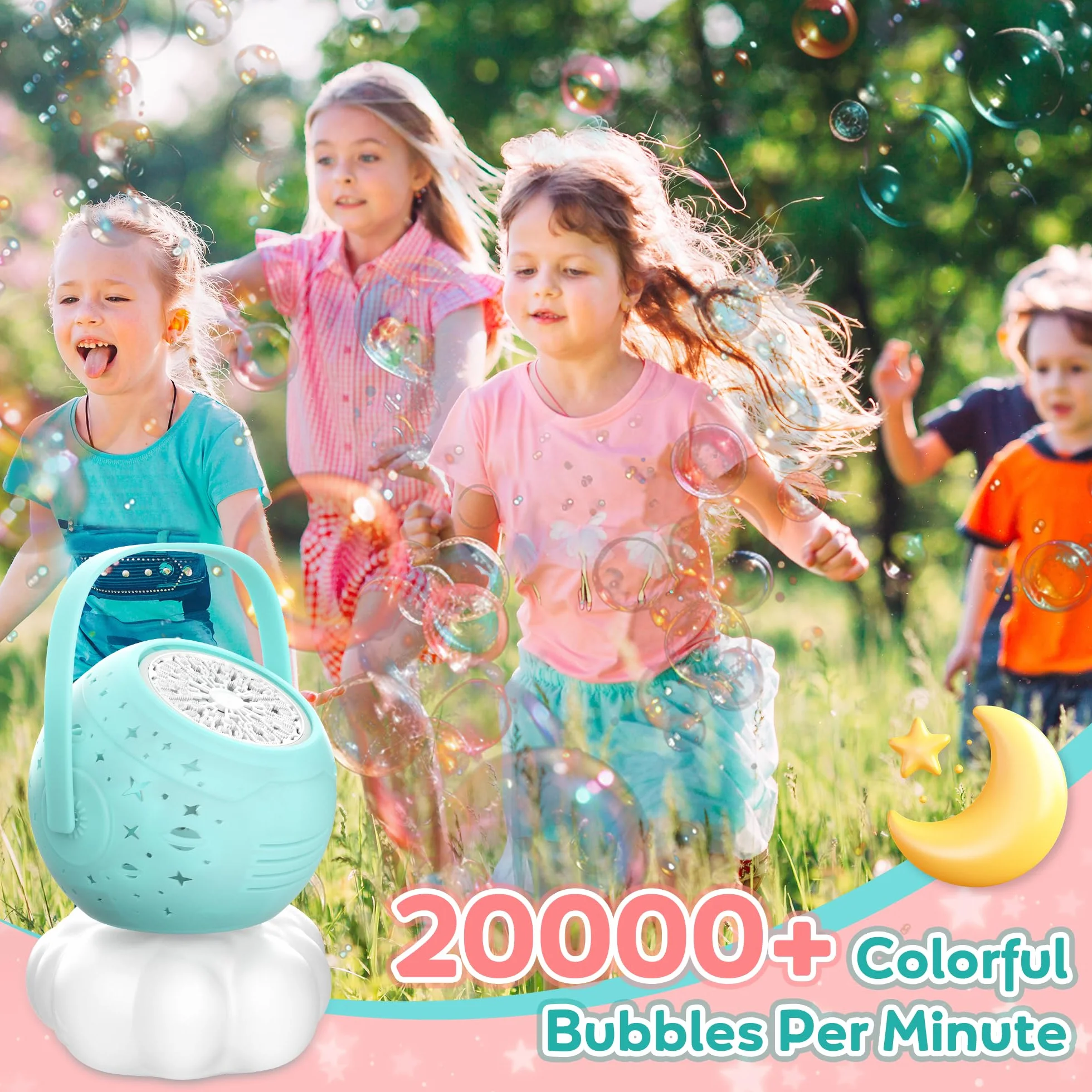 cossy Maszyna do baniek mydlanych, automatyczna maszyna do baniek mydlanych dla dzieci, z lampkami, przenośna maszyna do baniek mydlanych z ponad 20 000 baniek / min, możliwość ponownego ładowania, na