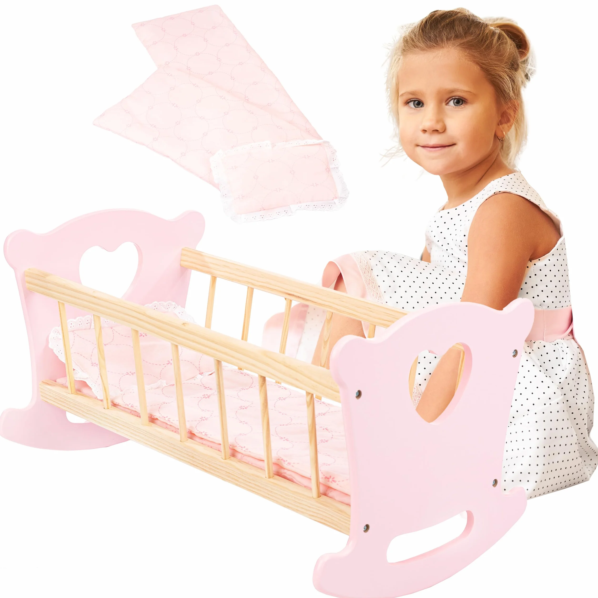 Kinderplay Łóżeczko dla Lalki, Kołyska dla lalki – Zestaw Kołyska plus Kołderka, Poduszeczka oraz Prześcieradło, dla laki o max. długości 49.5 cm., model GS2101