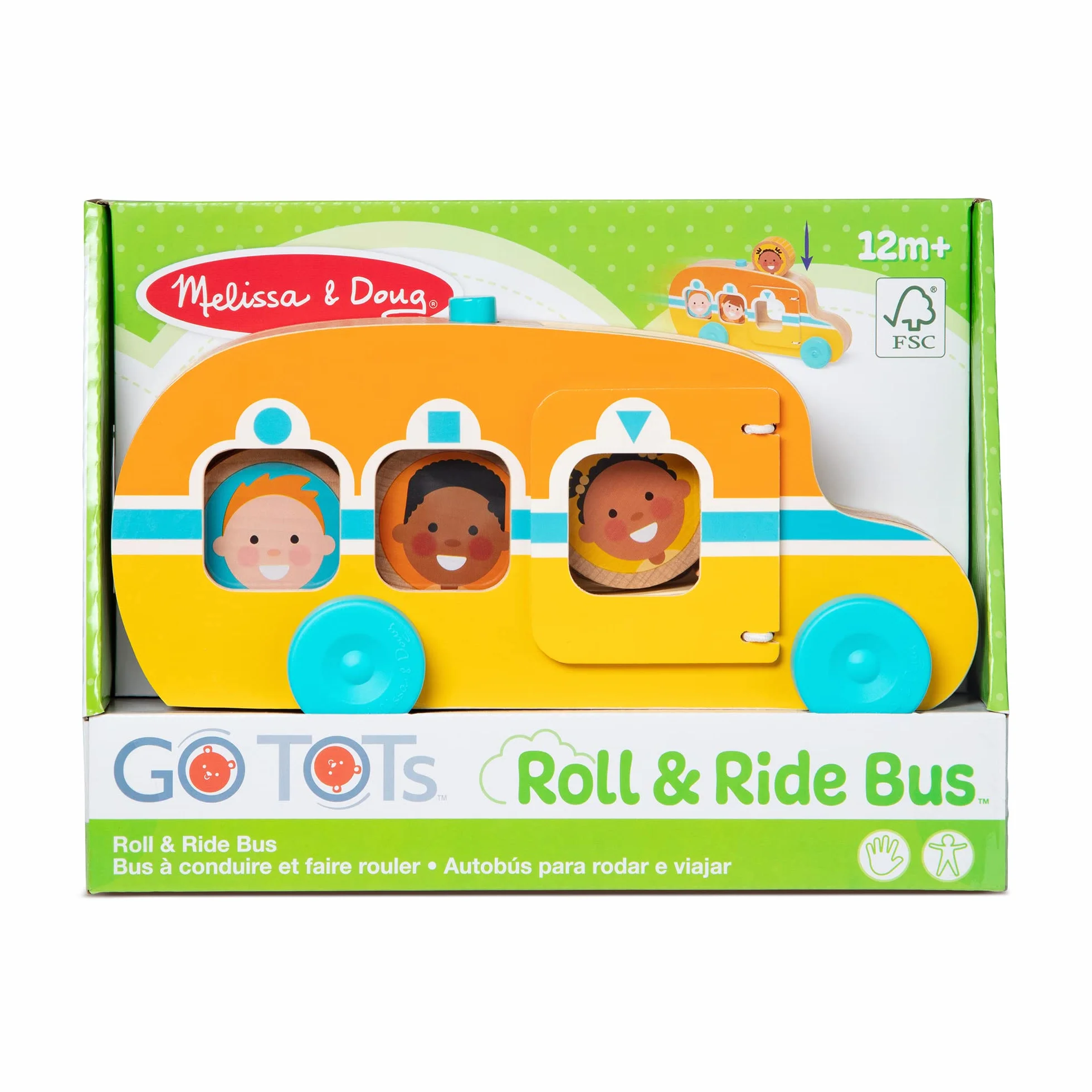 Melissa & Doug GO Tots Drewniany autobus „Tocz się i jedź” z 3 krążkami, drewniane zabawki dla małych dzieci, pojazd zabawkowy, zabawki rozwojowe, od 12 miesięcy, prezent dla chłopca i dziewczynki