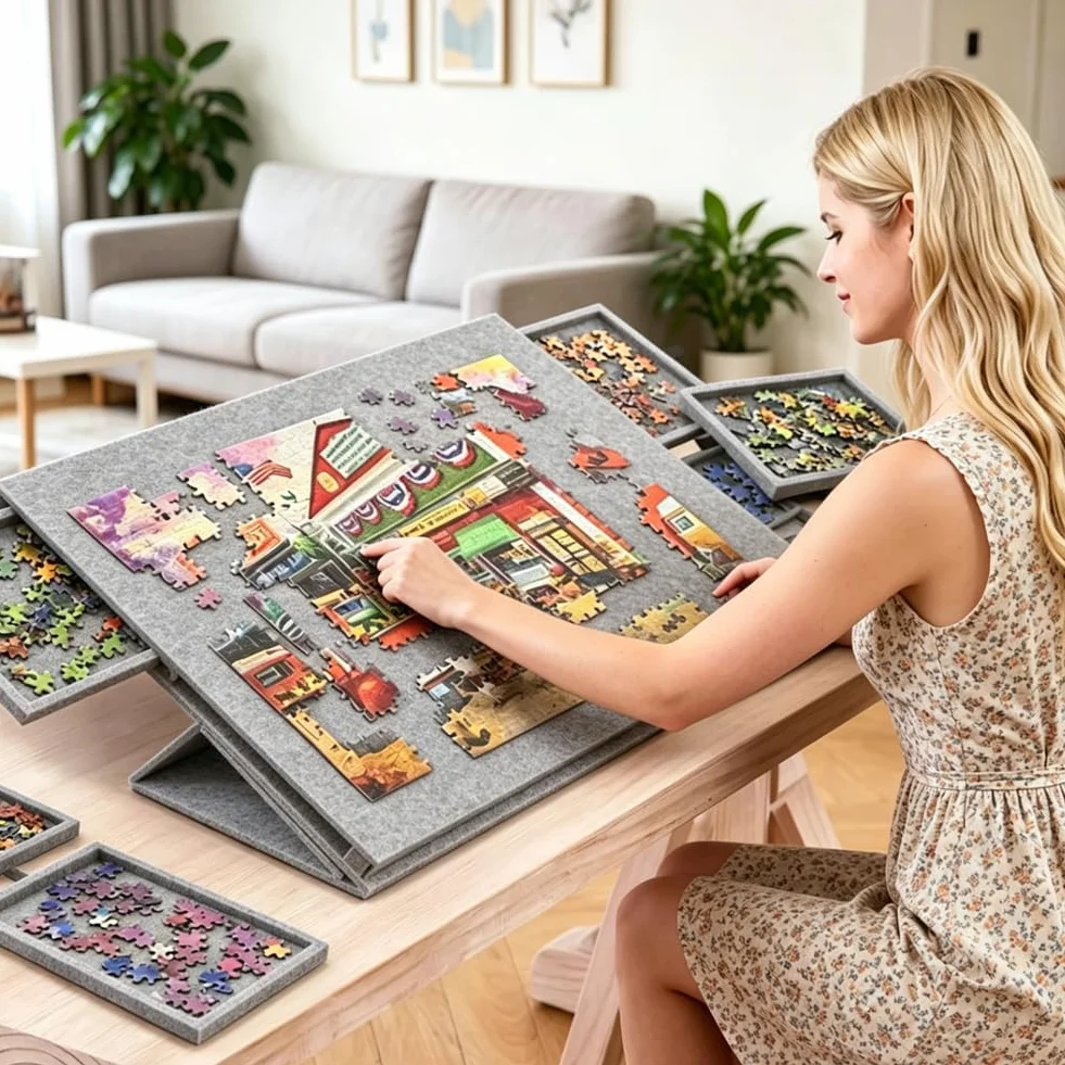 Stół do puzzli na 1000 elementów, przenośna deska do puzzli z 6 szufladami, lekkie filcowe etui do przechowywania, przenośne przechowywanie puzzli na 1000 elementów, pochylany stół do puzzli dla