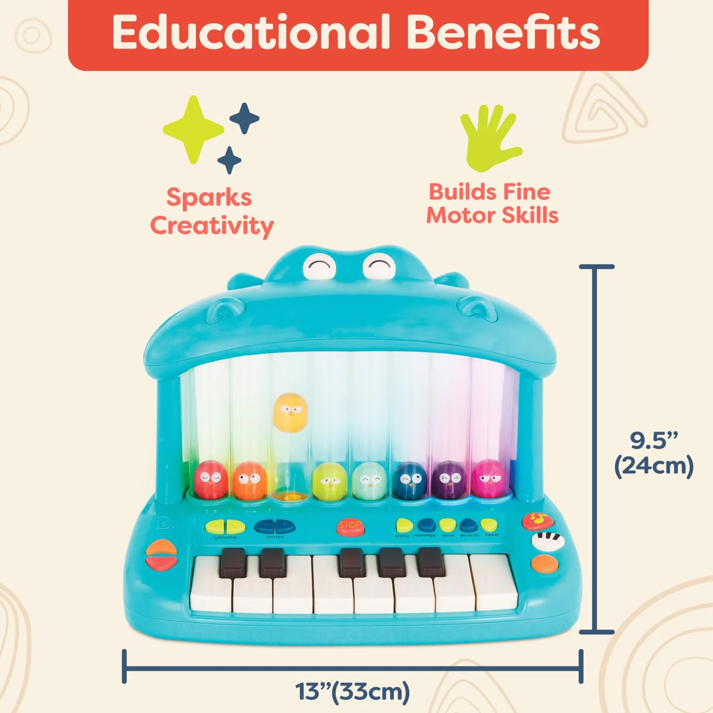 B. toys Hippo Pop klawiatura muzyczna zabawka - fortepian - piosenki, dźwięki i światła - instrument muzyczny dla dzieci, chłopców, 12 miesięcy +