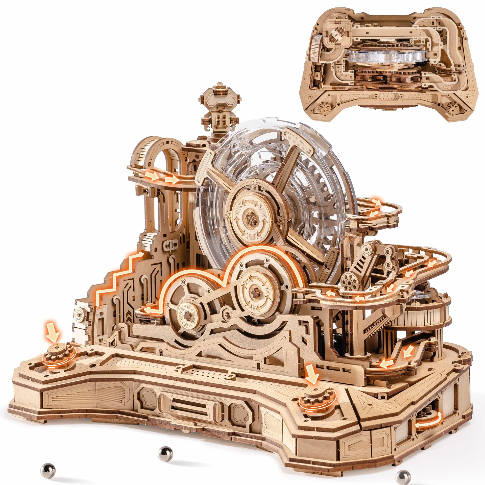 ROBOTIME Drewniane puzzle 3D Gear Ball Challenge - mechaniczny zestaw modeli labiryntu dla dorosłych i nastolatków, 653 szt. zabawka prezent STEM, projekt kontrolera do gier, EGC01