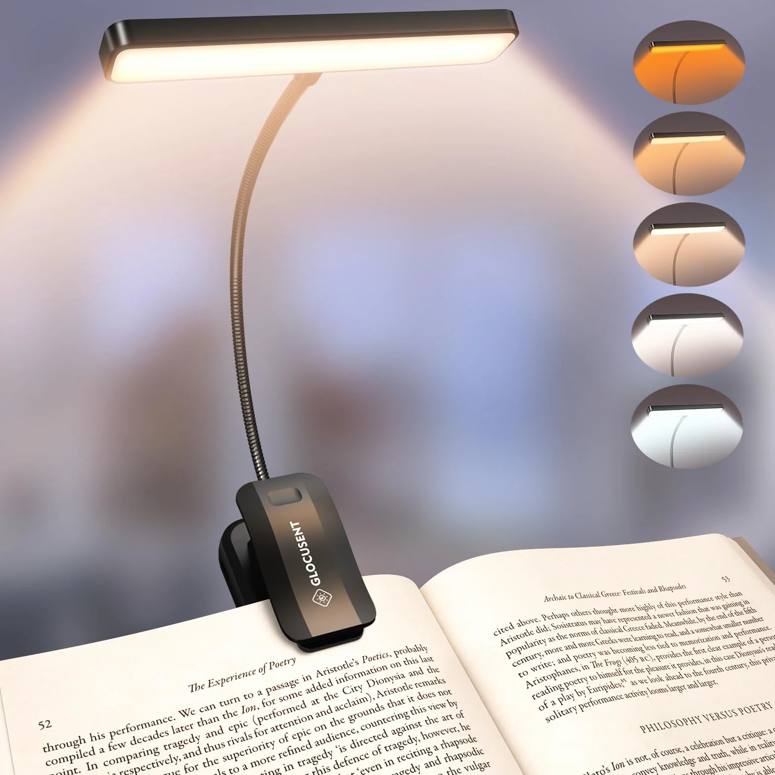Glocusent Lampka do czytania z 26 diodami LED, 1200 mAh, 90 godzin, ładowalna lampka do czytania, 5 bursztynowych kolorów i bezstopniowe ściemnianie, lampka do czytania książek, przenośna lampa z