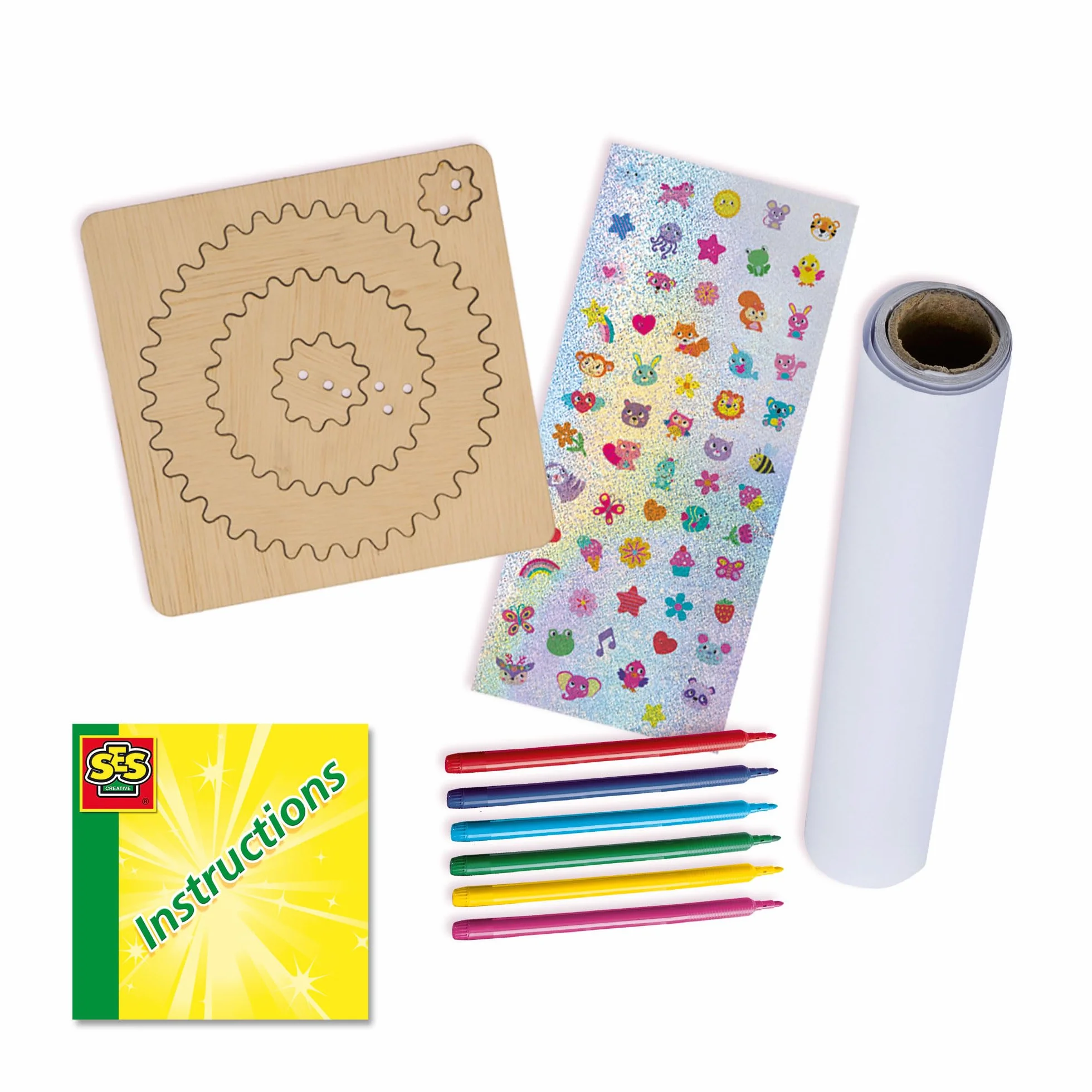 SES Creative 14788 Drewniany projektant spirali - kreatywny zestaw do rysowania dla dzieci w wieku 5+ - stwórz ponad 40 unikalnych wzorów spiralnych z 5 drewnianymi kółkami