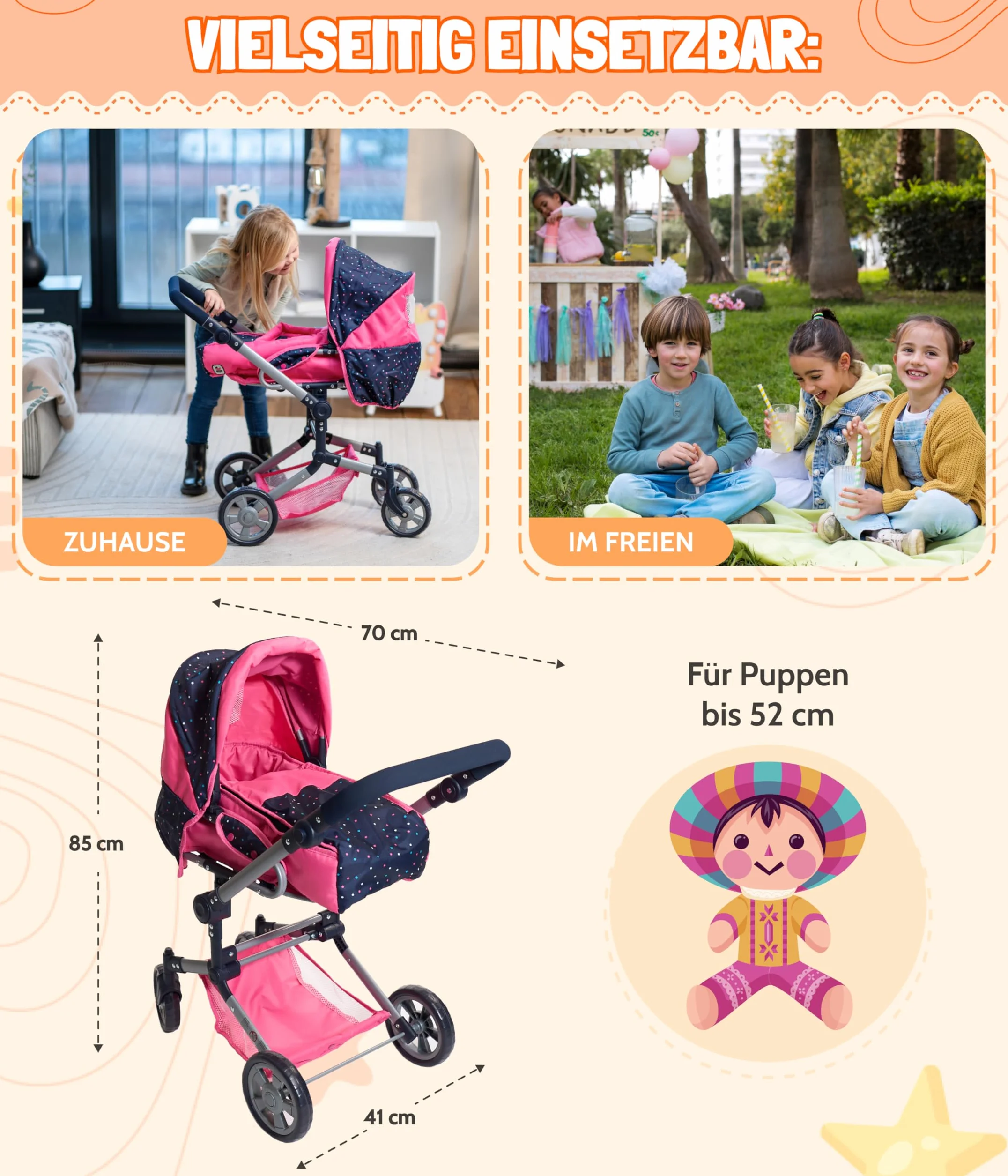 Bayer Chic 2000 - Wózek dla lalek Jara, 2 w 1, wózek dla lalek kombi, z wyjmowaną torbą do przenoszenia, wózek dla dzieci w wieku od 4 do 8 lat, konfetti różowe