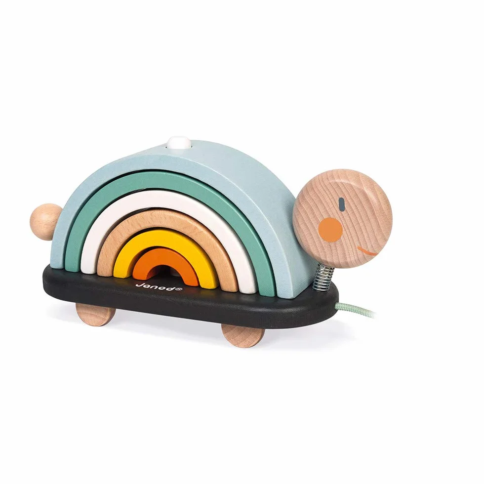 Janod - Wooden Sweet Cocoon Rainbow Turtle - Original Early Learning Game, 6 Stackable Arcs Of Circles - 1st Learnings - Turtle to Pull - Wooden Toy, Water Based Paint - from 18 Months Old, J04405