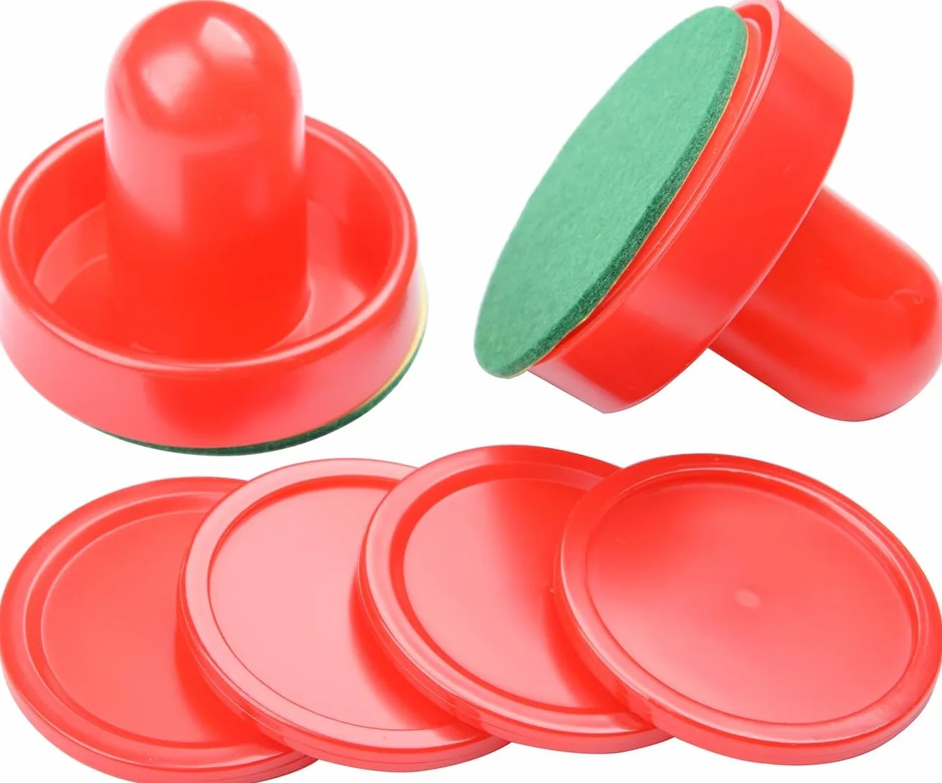 Air Hockey Pushers, Light Weight Air Hockey Red Replacement Pucks & Slider Pusher Goalies for Game Tables, Accessories, Equipment (2 Striker, 4 Puck Pack)