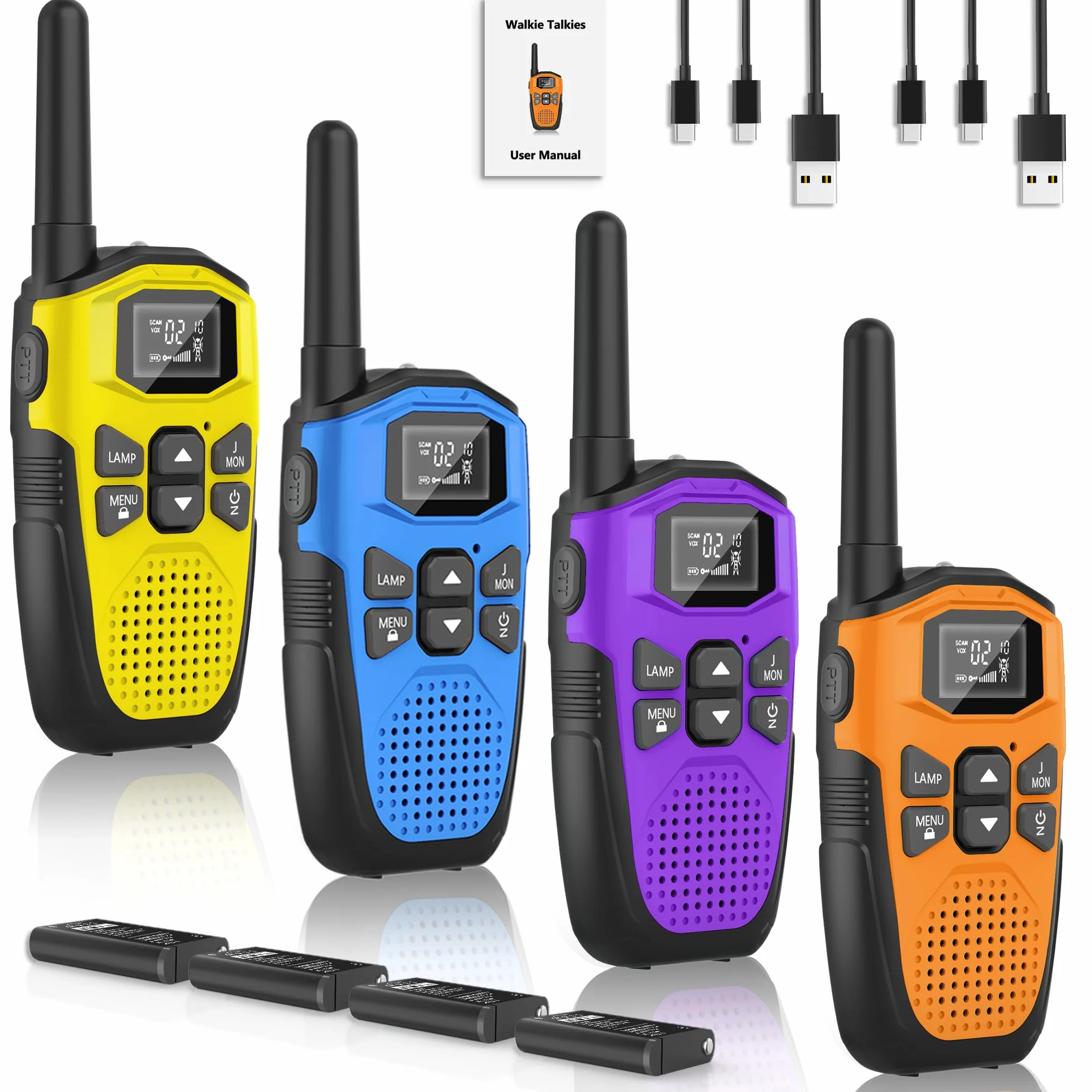 Walkie Talkie dla dorosłych o dużym zasięgu, 4 sztuki, NXGKET Akumulatorowe Walkie Talkie dla dzieci z wbudowaną baterią litowo-jonową, 16-kanałowe radio z kablem ładującym typu C, na kemping