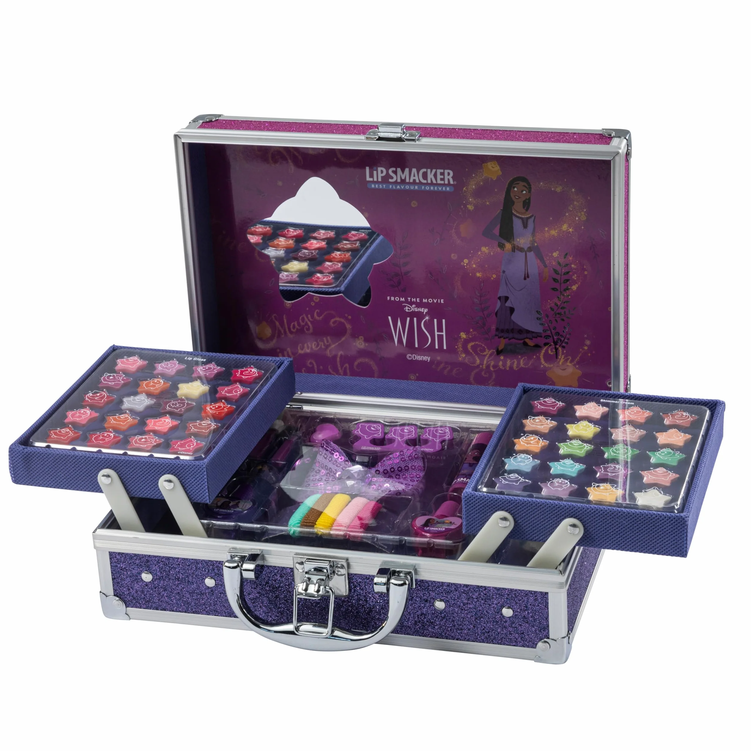 Lip Smacker Disney Wish Makeup Traincase, kuferek na kosmetyki dla dzieci, 50+ produktów do makijażu twarzy, ust i paznokci, w zestawie akcesoria kosmetyczne do włosów i makijażu