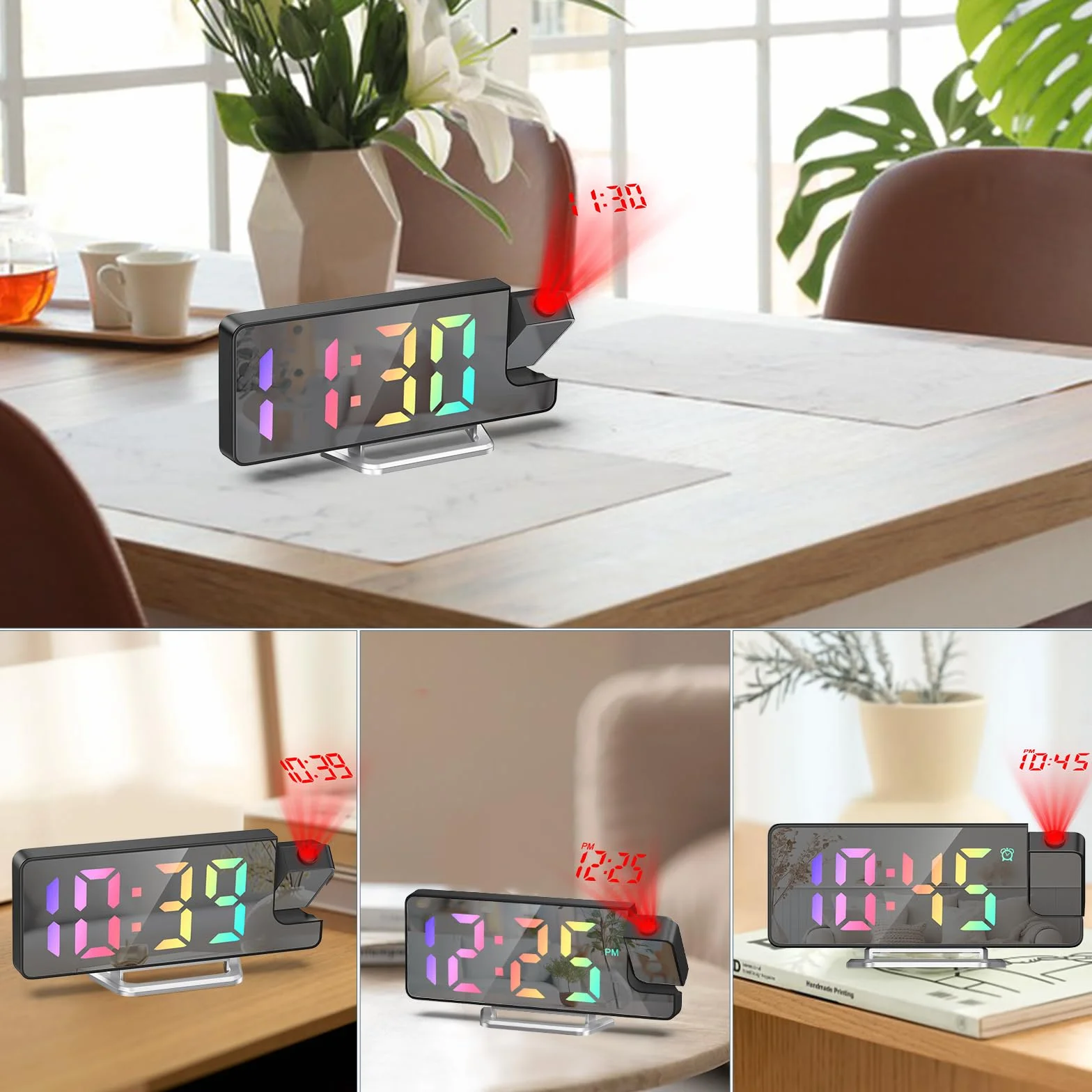 New Projection Alarm Clock, cyfrowy budzik z wyświetlaczem temperatury, 180° Flip Projection Clock, elektroniczny zegar stołowy, 3 ustawienia jasności, wyświetlacz 12/24 godzinny, kolorowy
