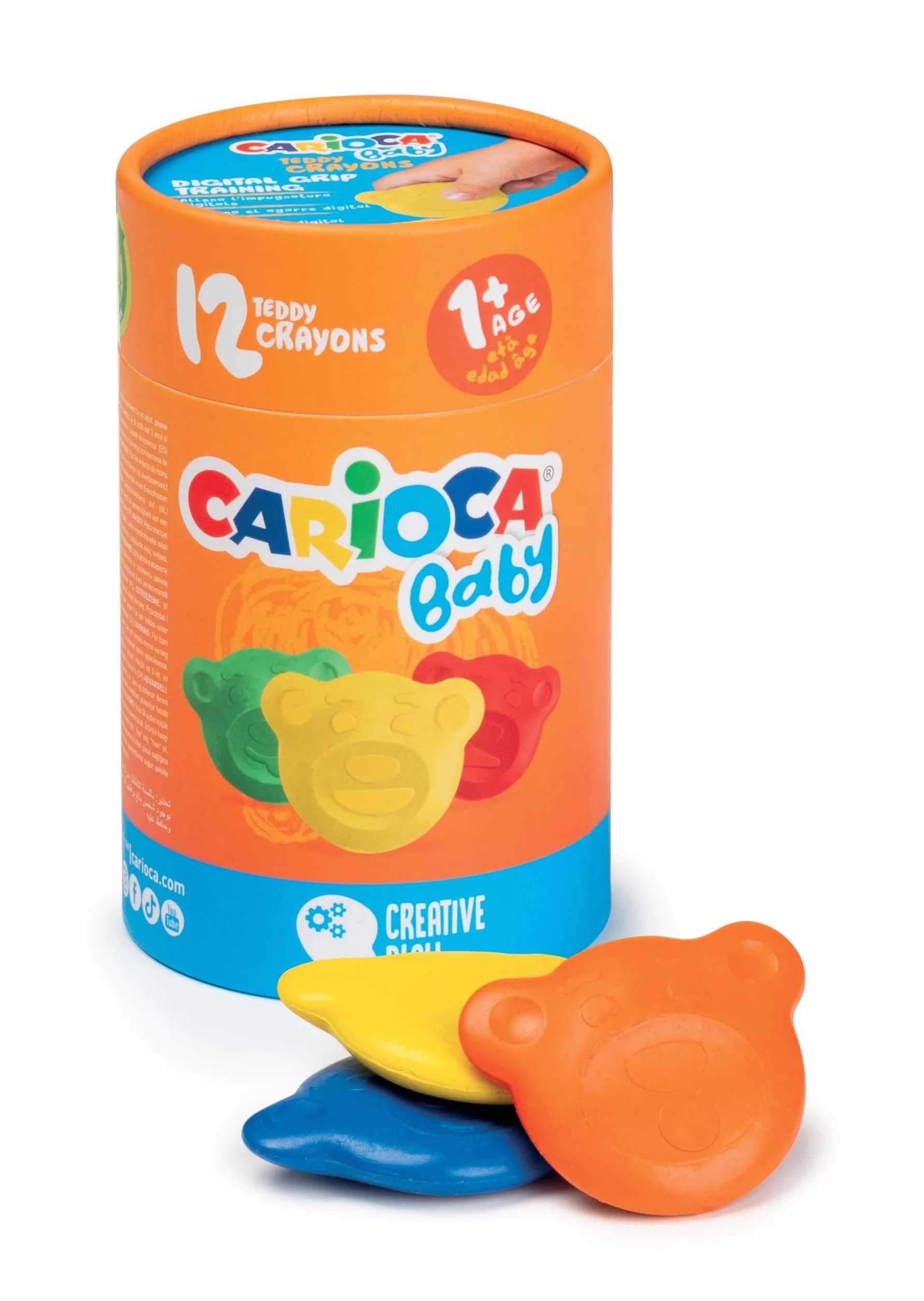 CARIOCA Kredki dla niemowląt miś 1+, tubka 12 kolorowych kredek w kształcie niedźwiedzia, kredki dla dzieci w wieku 12 miesięcy, 12 sztuk