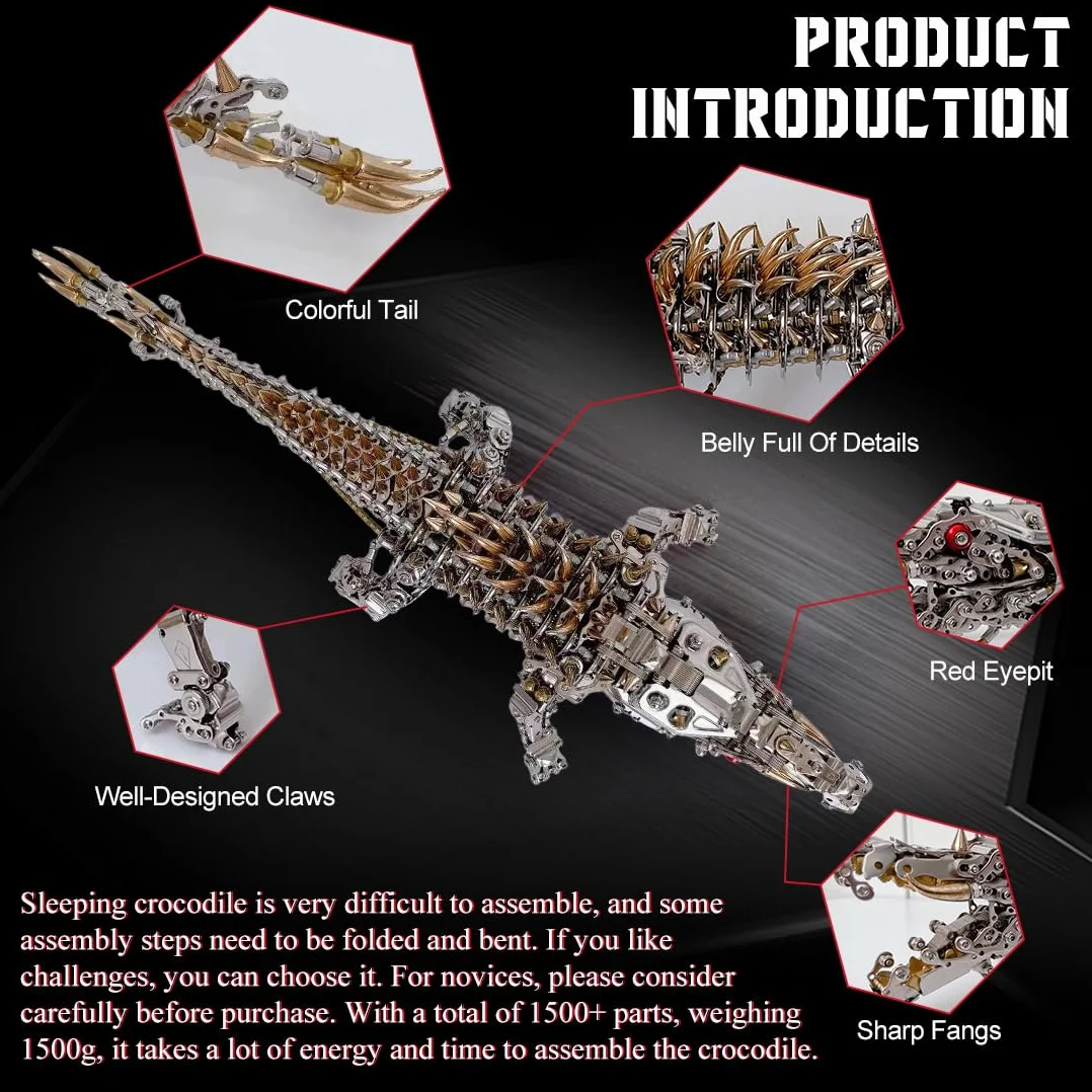 Puzzle 3D dla dorosłych, metalowe puzzle krokodyla, kolekcjonerskie, mechaniczne, inżynieria zwierząt, do dekoracji domu, biura, 1500 szt