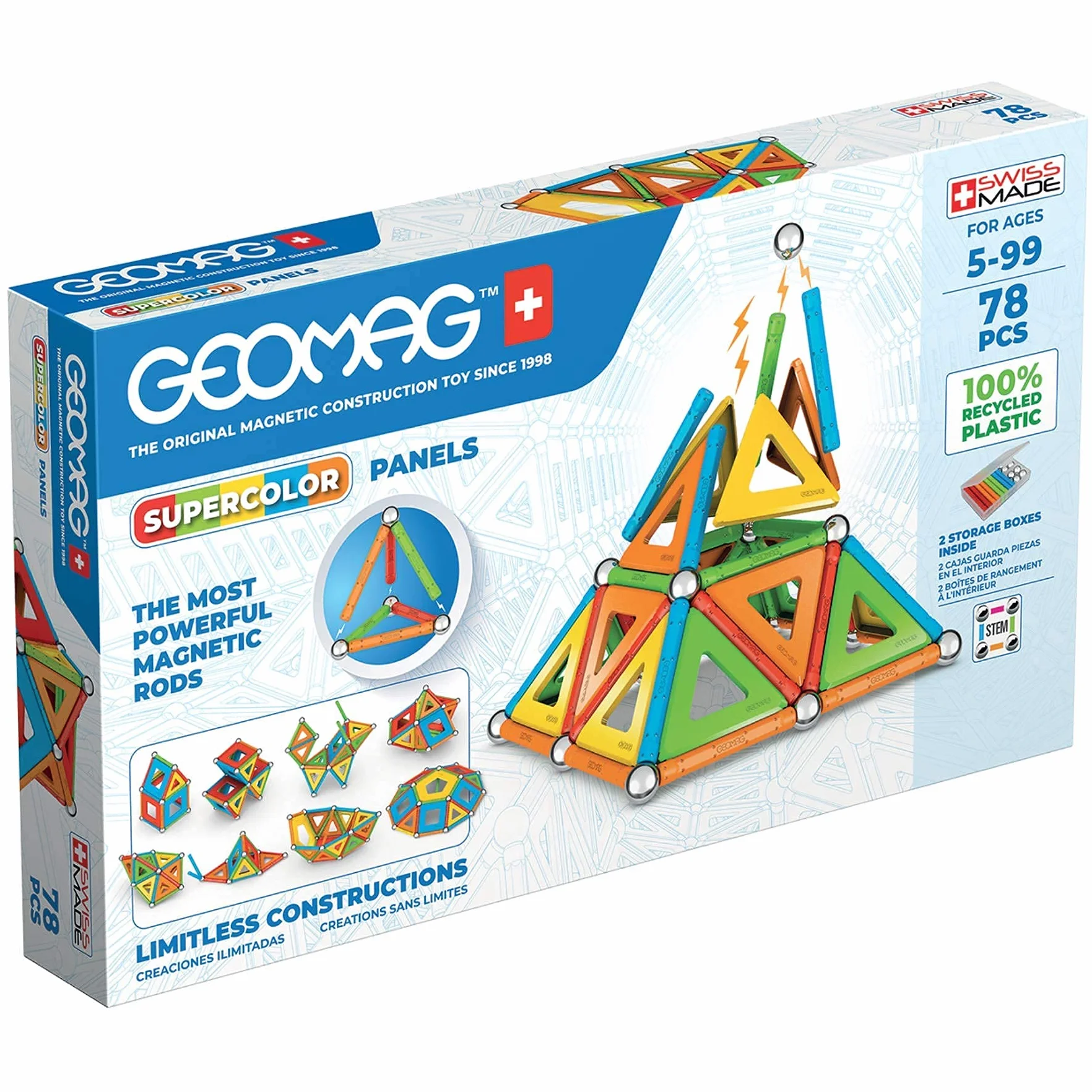 Geomag - Supercolor - Superkolorowe Magnetyczne Klocki dla Dzieci, Zabawka Magnetyczna, Gra Edukacyjna, Green Collection, 100% Plastiku z Recyklingu, 78 sztuk