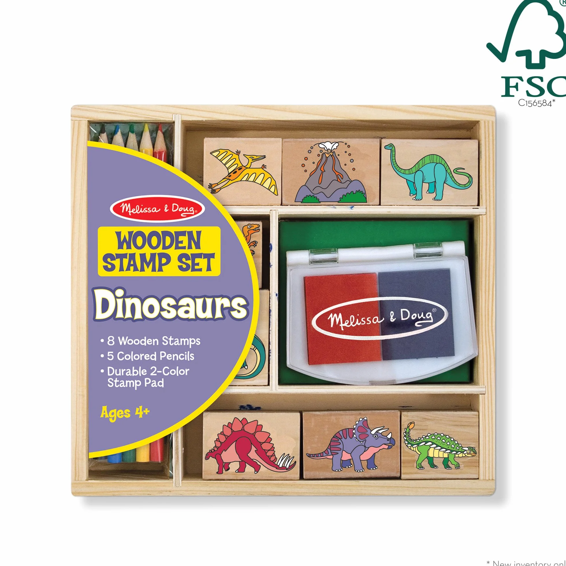 Melissa & Doug Zestaw stempli Dinozaury z kolorowymi ołówkami dla dzieci | Zabawa kreatywna | Drewniane pieczątki I stemple dla dzieci | Prezent dla chłopców i dziewczynek w wieku 3 4 5 6 lat