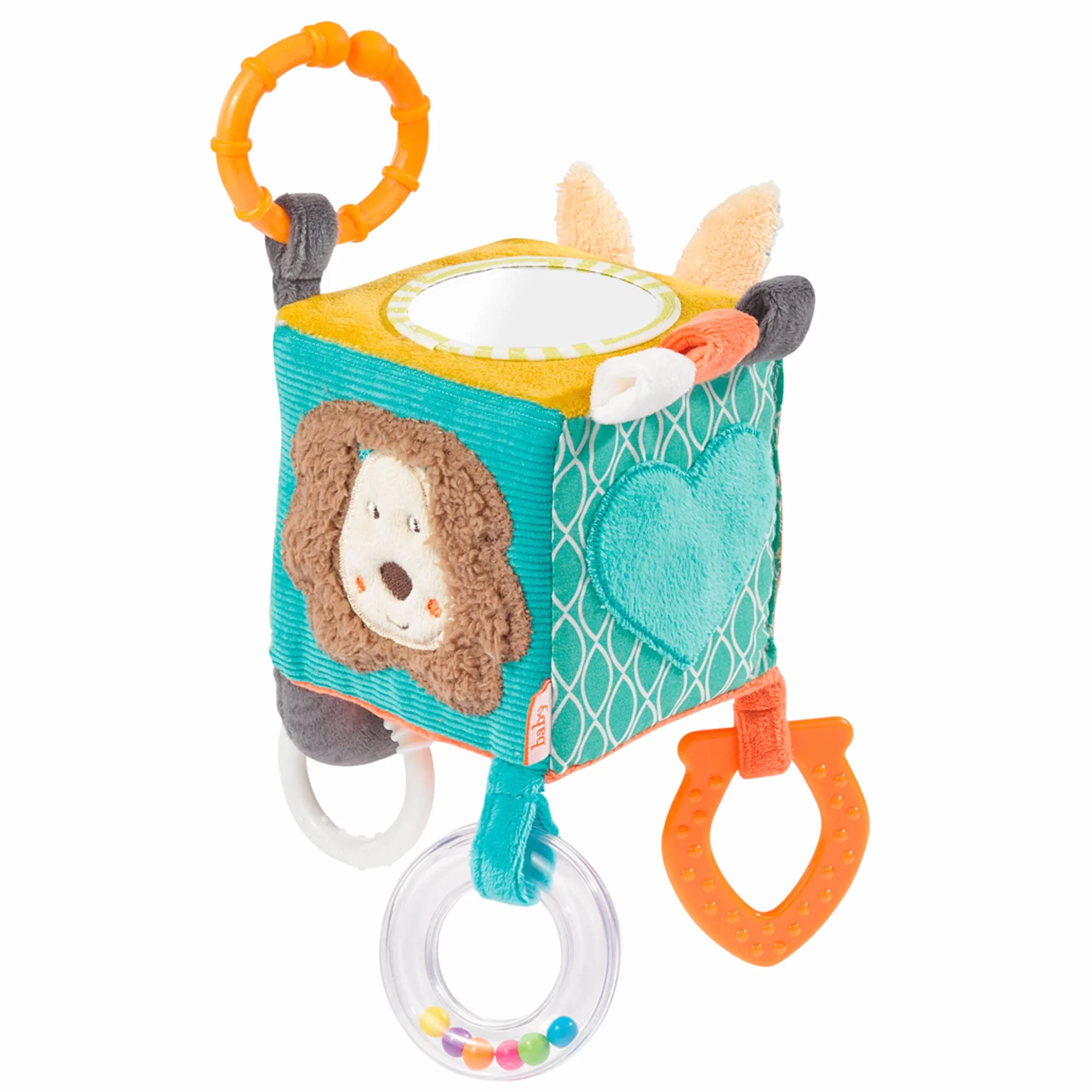 Fehn 066029 Kostka aktywności Funky Friends – zabawka motoryczna do zawieszenia – dla niemowląt i małych dzieci od 0+ miesięcy – wymiary: 10 x 10 cm