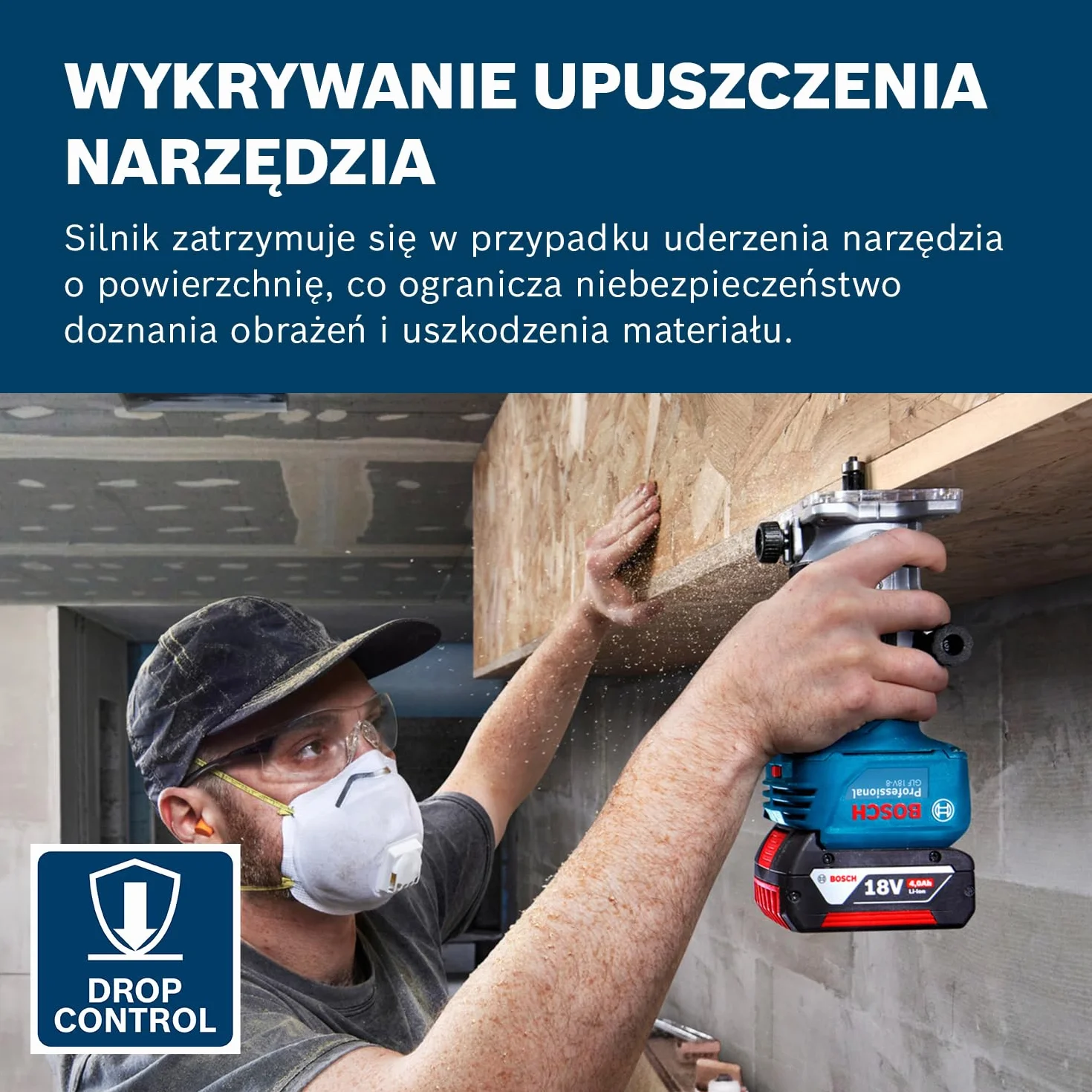 System prof. 18 V firmy Bosch: frezarka akum. GLF 18V-8 (prow. równ., adapter do ods. pyłu – frez. pow., adapter do ods. pyłu – frez. krawędzi, prow. rolk., tuleja zac. 8 mm, klucz, bez akum./ład.)