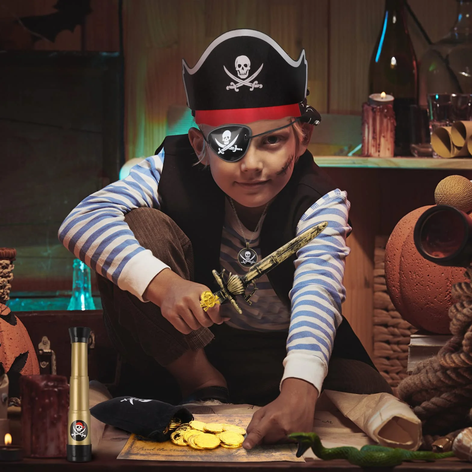 29 sztuk akcesoria do kostiumów piratów, kapeluszy, naszywki, motyw pirackiego oka kompasu, naszyjnika, monety, mapa, kostium kapitana pirata, na karnawał dla chłopców, dziewcząt