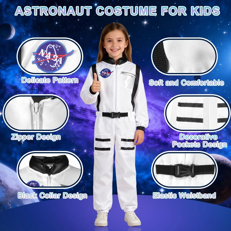 Kostium astronautów dla dzieci, 2 szt. Chłopcy i dziewczęta kombinezon kosmiczny unisex z kaskiem, dziecko kosmiczne ubrania na karnawał Halloween Boże Narodzenie Cosplay