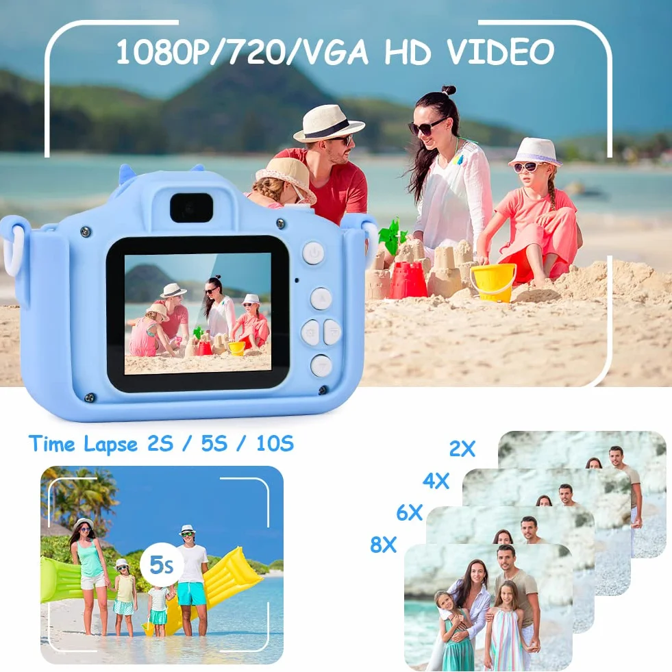 OSDUE Aparat dla dzieci,2.0-calowy wyświetlacz Aparat cyfrowy dla dzieci,1080P HD Wbudowana karta SD 32 GB Selfie Cyfrowy aparat fotograficzny,prezent urodzinowy na lata Zabawka dla dzieci (niebieska)