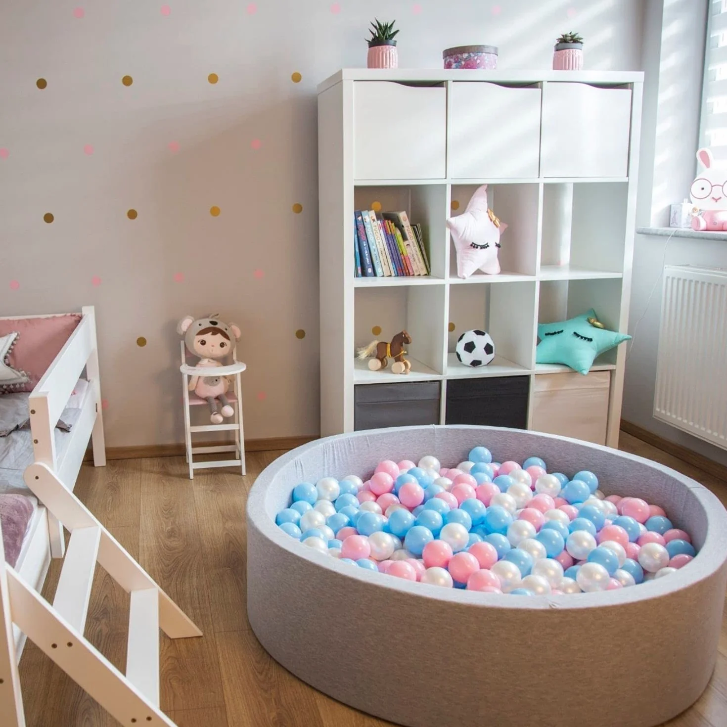KiddyMoon Suchy Basen 120X30cm/300Piłek ∅ 7Cm, Kwadratowy Miękki Basen Dla Dzieci Z Kolorowymi Kulkami, Jasnoszary: Babyblue-Pudrowy Róż-Perła