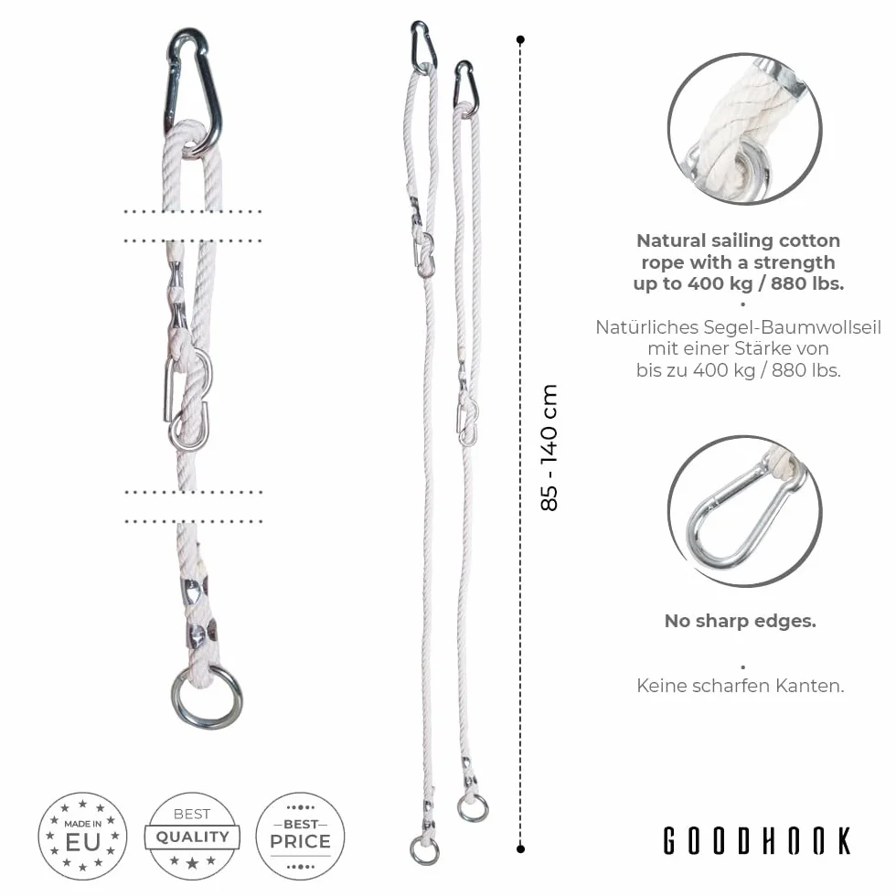 MAMOI® Lina do Huśtawki 85-140 cm | 2 x Regulowane Mocowanie z Karabińczykami | Naturalna Bawełniana Lina do Przedłużenia | Dla Dzieci | 100% ECO