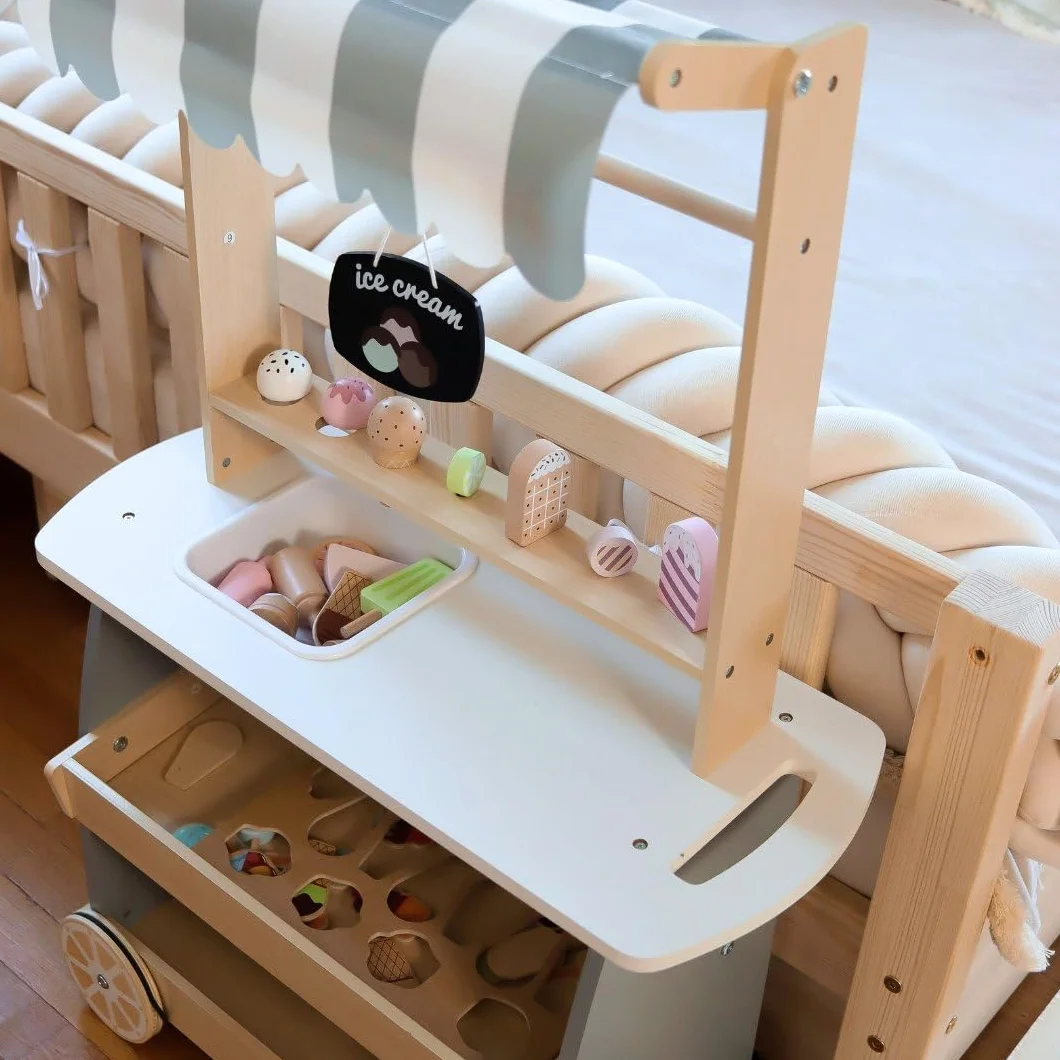 Mamabrum Drewniana Lodziarnia na Kółkach dla Dzieci 3+, Mobilny Wózek z Lodami, Zabawa w Sprzedawcę, Subtelny Design, Bogate Akcesoria, Rozwija Kreatywność i Umiejętności Społeczne