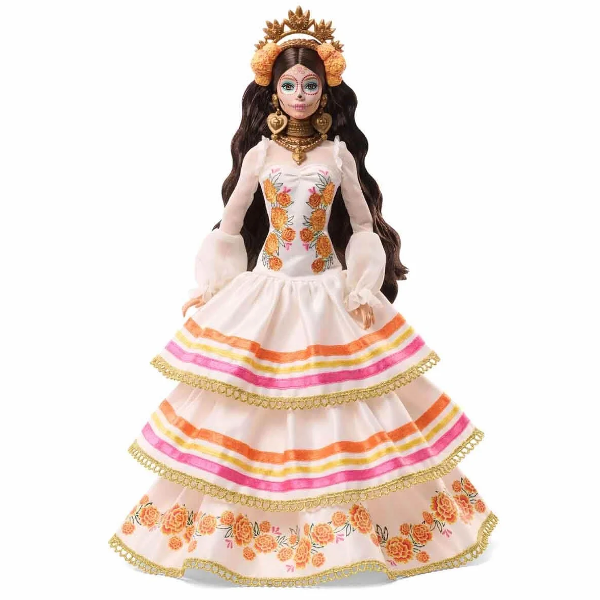 Barbie Signature Lalka Día De Muertos 2025 Kolekcjonerska lalka, kremowa suknia z detalami takimi jak falbanki, aksamitki i naszyte wstążki, kwiatowa korona i charakterystyczny makijaż czaszki, JBJ05