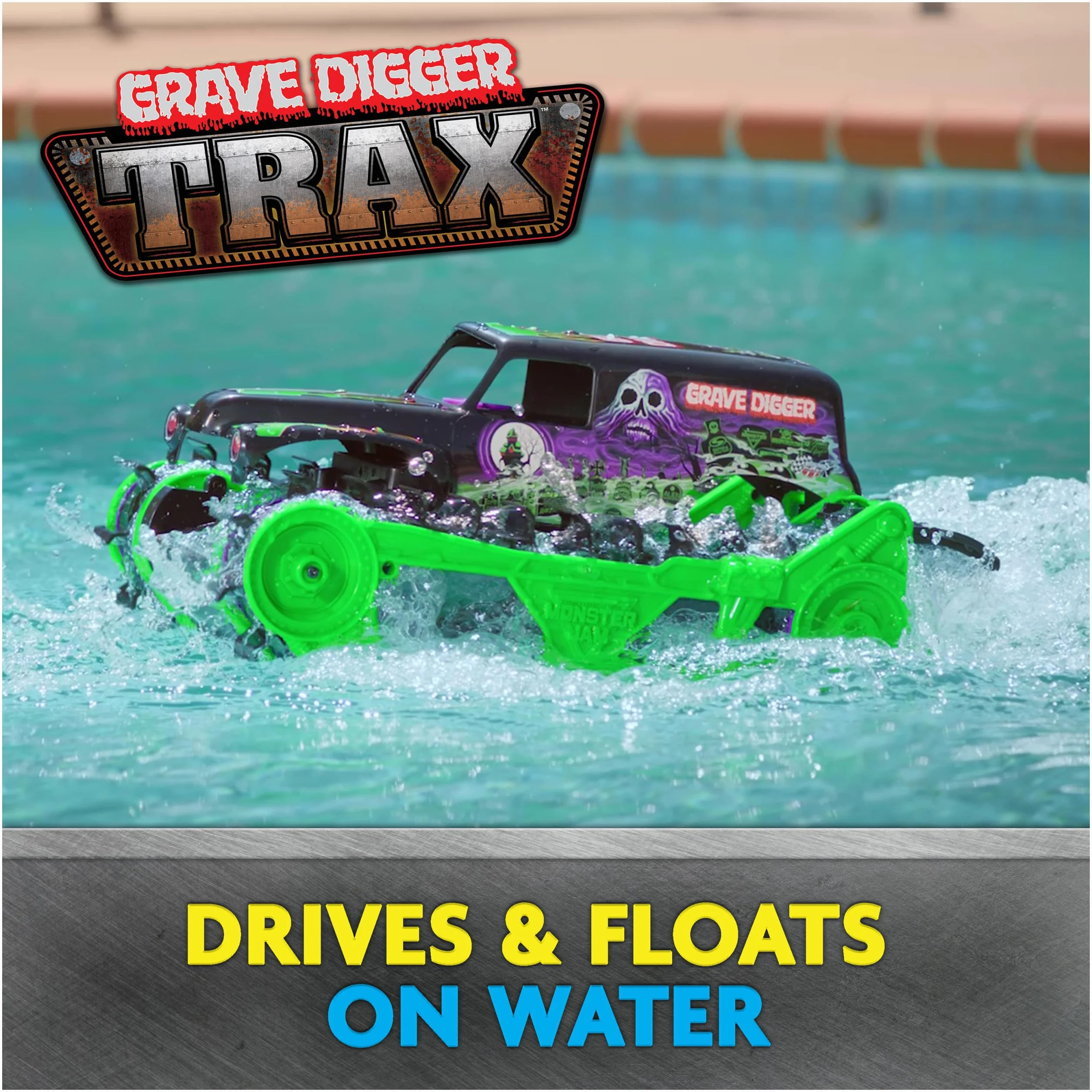 Monster Jam, Grave Digger Trax – bardzo mocny, zdalnie sterowany pojazd łańcuchowy Monster Jam w skali 1:15, do terenu terenowego na lądzie i w wodzie – odpowiedni dla chłopców i dziewczynek od 4 lat