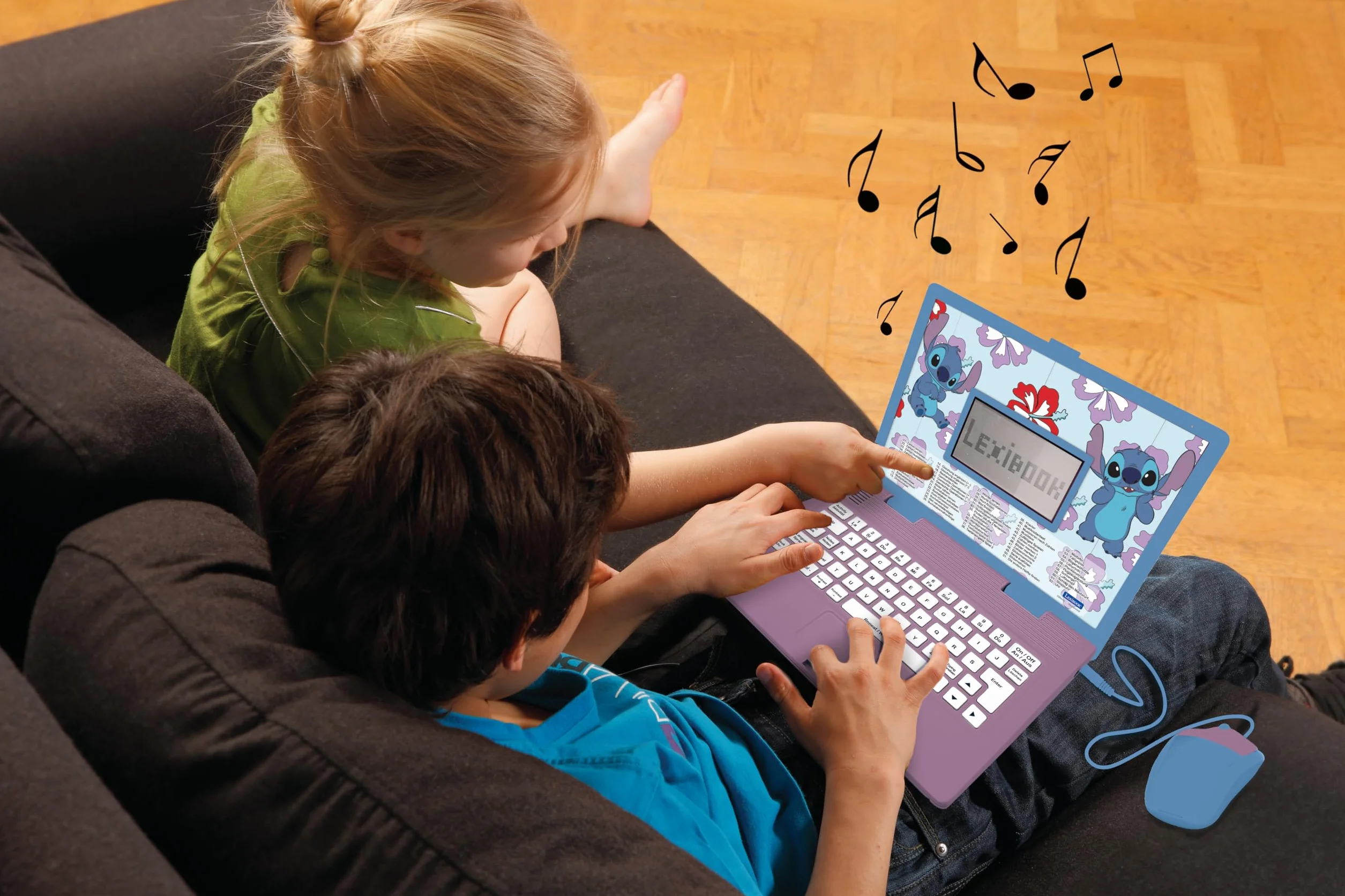 LEXIBOOK, Disney Stitch Niemiecki/Angielski dwujęzyczny komputer edukacyjny, zabawka dla dzieci z 124 językami, pisanie, matematyka, logika, zajęcia muzyczne i gry, fioletowy/niebieski, JC598Di3