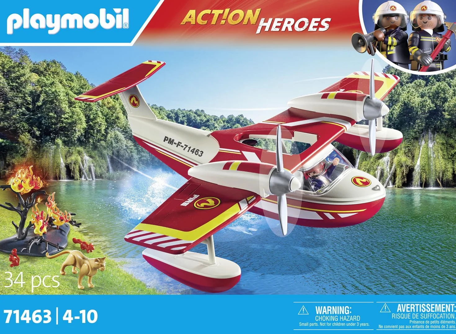 PLAYMOBIL Action Heroes 71463 Samolot straży pożarnej z funkcją gaszenia pożaru, bohaterskie misje ratunkowe. Zabawne i pomysłowe odgrywanie ról, zabawki dla dzieci w wieku od 4 roku życia