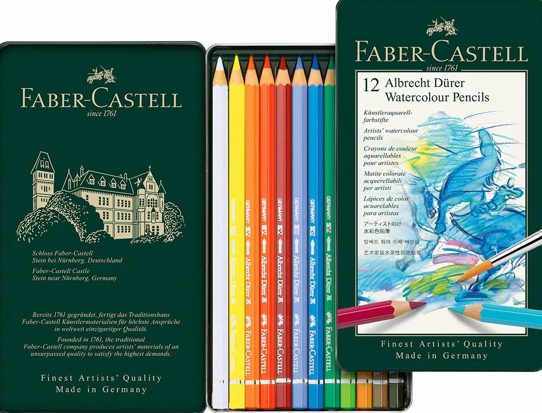 Faber-Castell Albrecht Dürer Ołówek akwarelowy, wielokolorowy, puszka 12, do sztuki, rzemiosła, rysowania, szkicowania, domu, szkoły, uniwersytetu, kolorowania