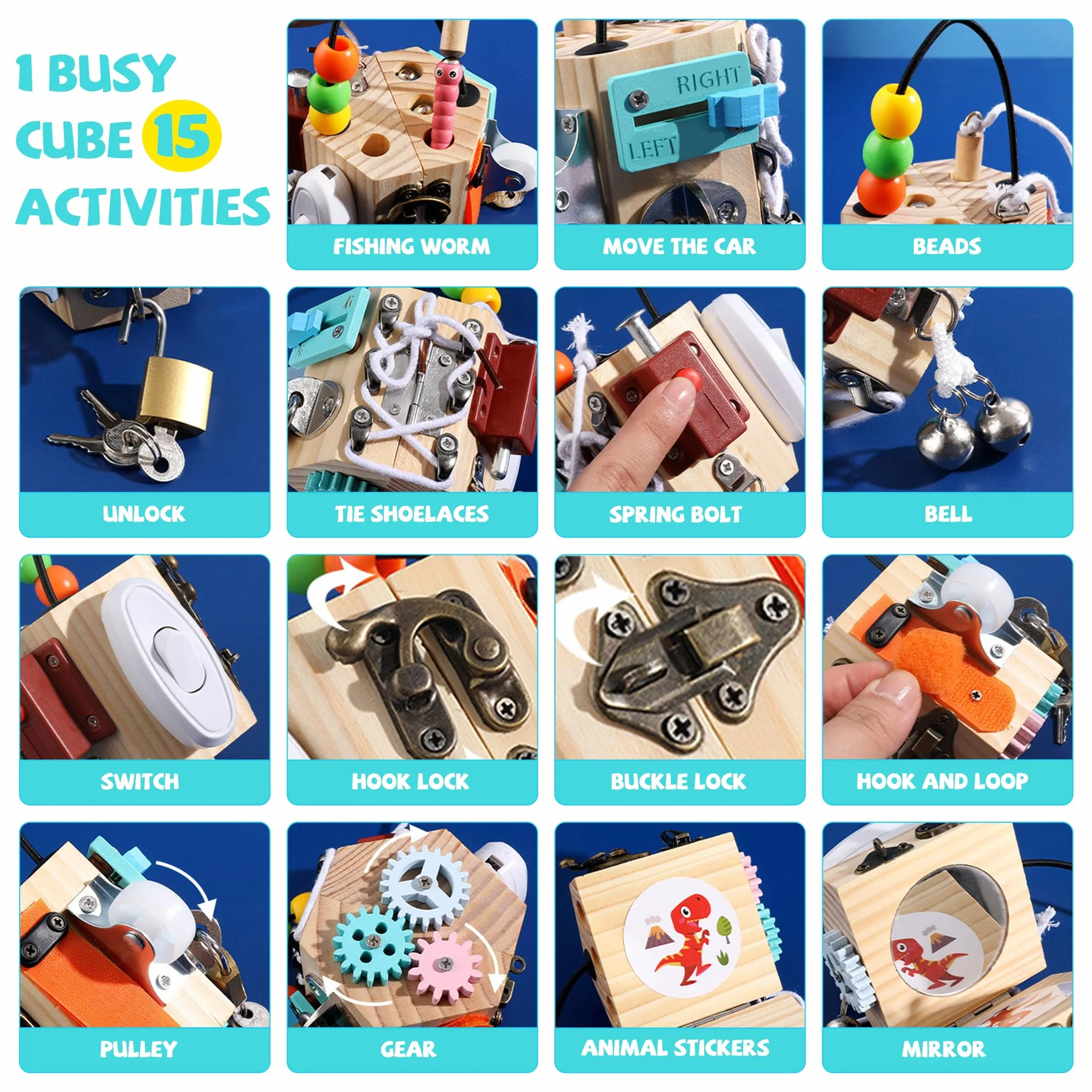 Busy Board Baby Busy Activity Cube|15 w 1 Fidget Cube Kostka Stresowa Przenośna Zabawka Antystresowa, Zabawka Kostka Aktywności, Kostka Motoryczna Montessori Zabawka Edukacyjna dla Małych Dzieci od 3