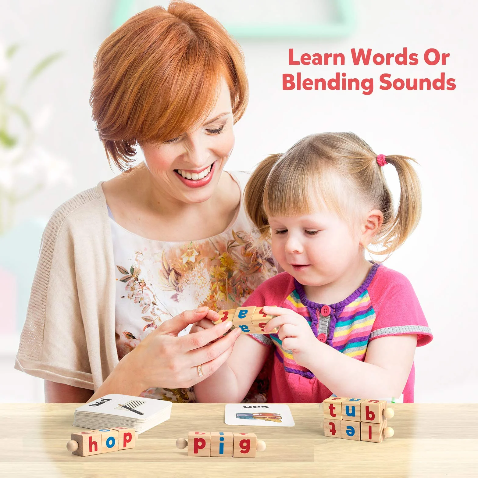 Coogam Gry ortograficzne z kolorowymi blokami,Karty Flash Drewniane Puzzle z dopasowanymi literami dla dzieci,2 w 1 Widok Słowa Montessori Spinning Nauka manipulacji alfabetem Zabawka