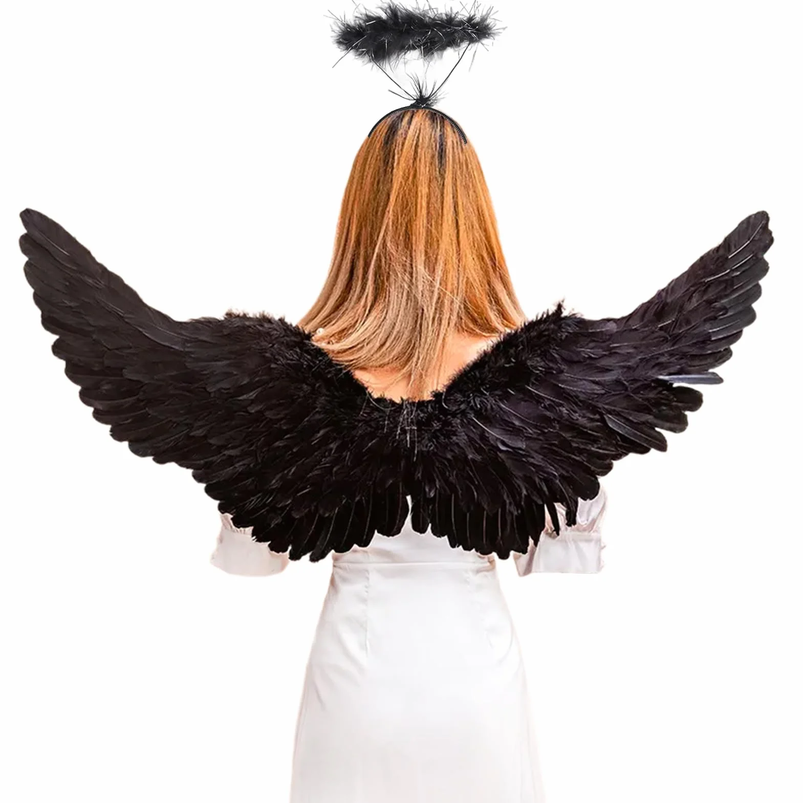 Czarne skrzydła anioła z aureolą, 75 cm, skrzydła dla dzieci i dziewczyn, pióra anioła na Halloween, karnawał, cosplay, imprezę