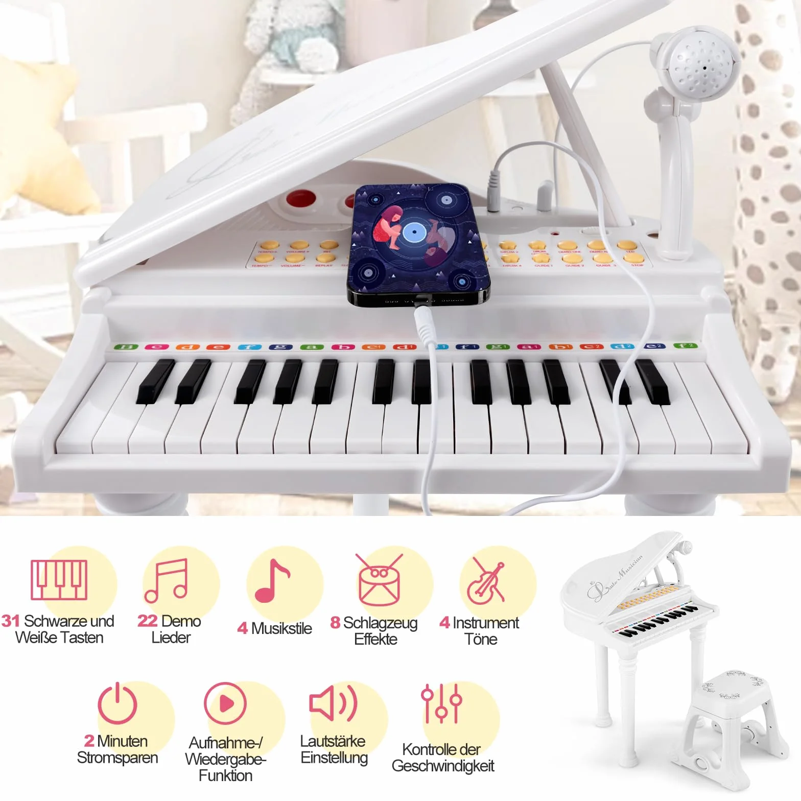 GOPLUS Klawiatura dziecięca z 31 przyciskami z taboretem, klawiatura fortepianowa z mikrofonem, światło LED i interfejs MP3, pianino elektryczne z 3 trybami nauczania, 22 demo, 4 rytmy, nagrywanie i
