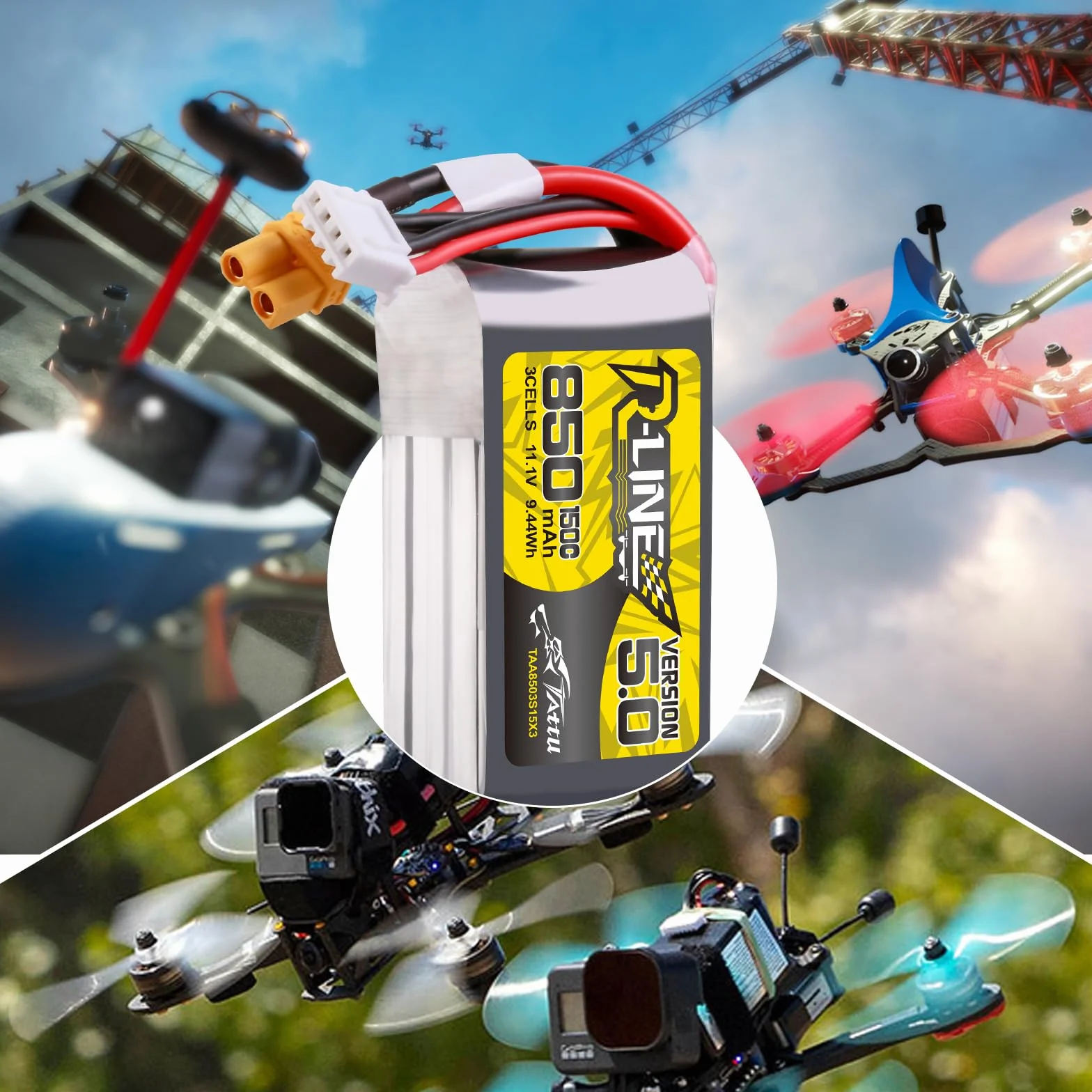 TATTU 3S Lipo akumulator 850 mAh 11,1 V 150C 3S1P bateria z wtyczką XT30 do dronów FPV o średnicy od 3 do 5 cali