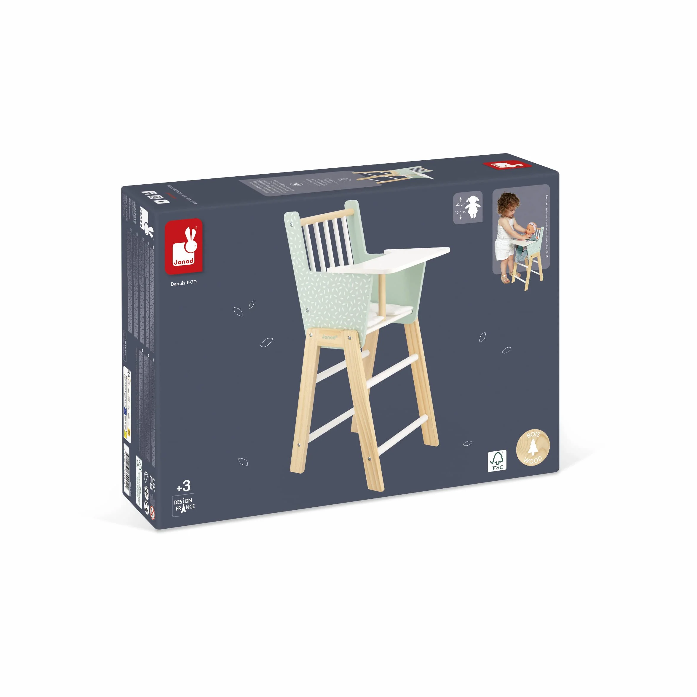 JANOD Zen Drewniany Wysokie krzesełko FSC-zabawka imitacja - akcesoria dla psi i lalki do 42 cm - od 3 lat, J05901, zielony, 22,5 x 28 x 53