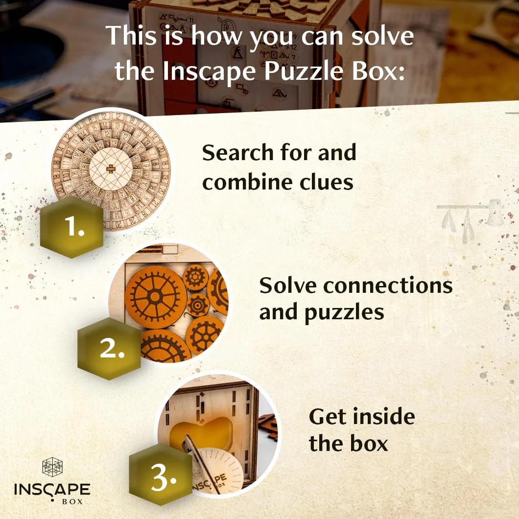 INSCAPE Da Vinci's Marvel - Drewniane Pudełko z Puzzlami Escape Room, Gra dla Dorosłych i Dzieci, 3D Cluebox, Gry Myślące