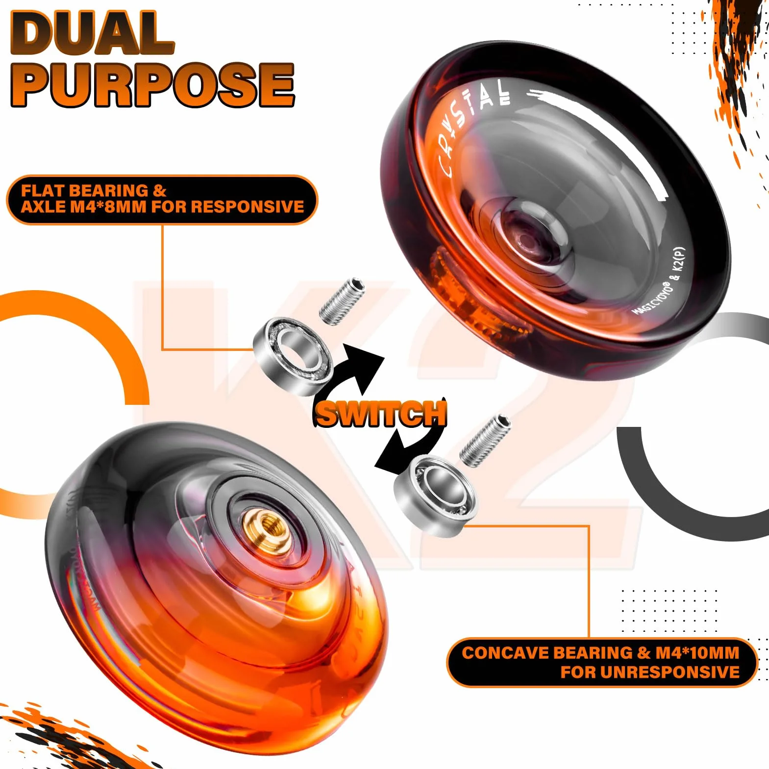 MAGICYOYO Crystal Yoyo K2 Profi JoJo dla dzieci i początkujących, Trick JoJo z bezczynnością i łożyskiem kulkowym, Magic Jo Jo do responsywnego i nieresponsywnego, z 12 sznurkami, walizką, akcesoriami