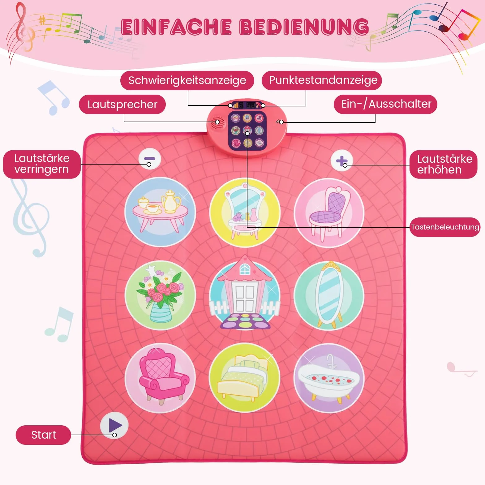 COSTWAY Mata do tańca dla dzieci, mata muzyczna z 5 trybami wyzwań i 9 dźwiękami fortepianu i 9 demo, urodziny, Boże Narodzenie, zabawka do tańca, prezent dla dziewcząt i chłopców od 3, 4, 5, 6, 7, 8