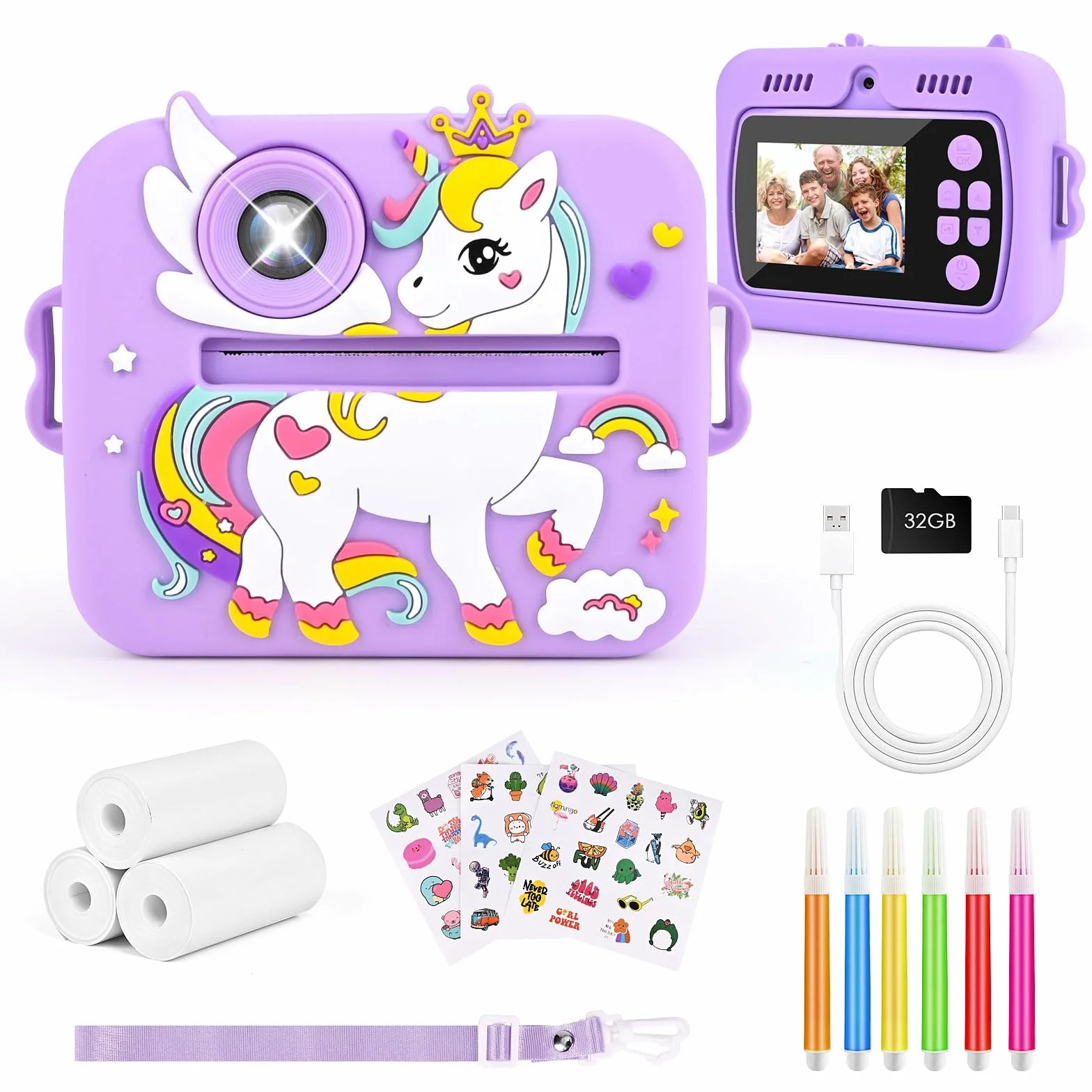 Euakee Kids Instant Camera, 1080P HD Cyfrowy Aparat dla Dzieci z 2,4-calowym Ekranem i Kartą 32G, Aparat Natychmiastowy dla Dzieci, Prezenty dla Chłopców i Dziewcząt 3-12 Lat (Fioletowy)
