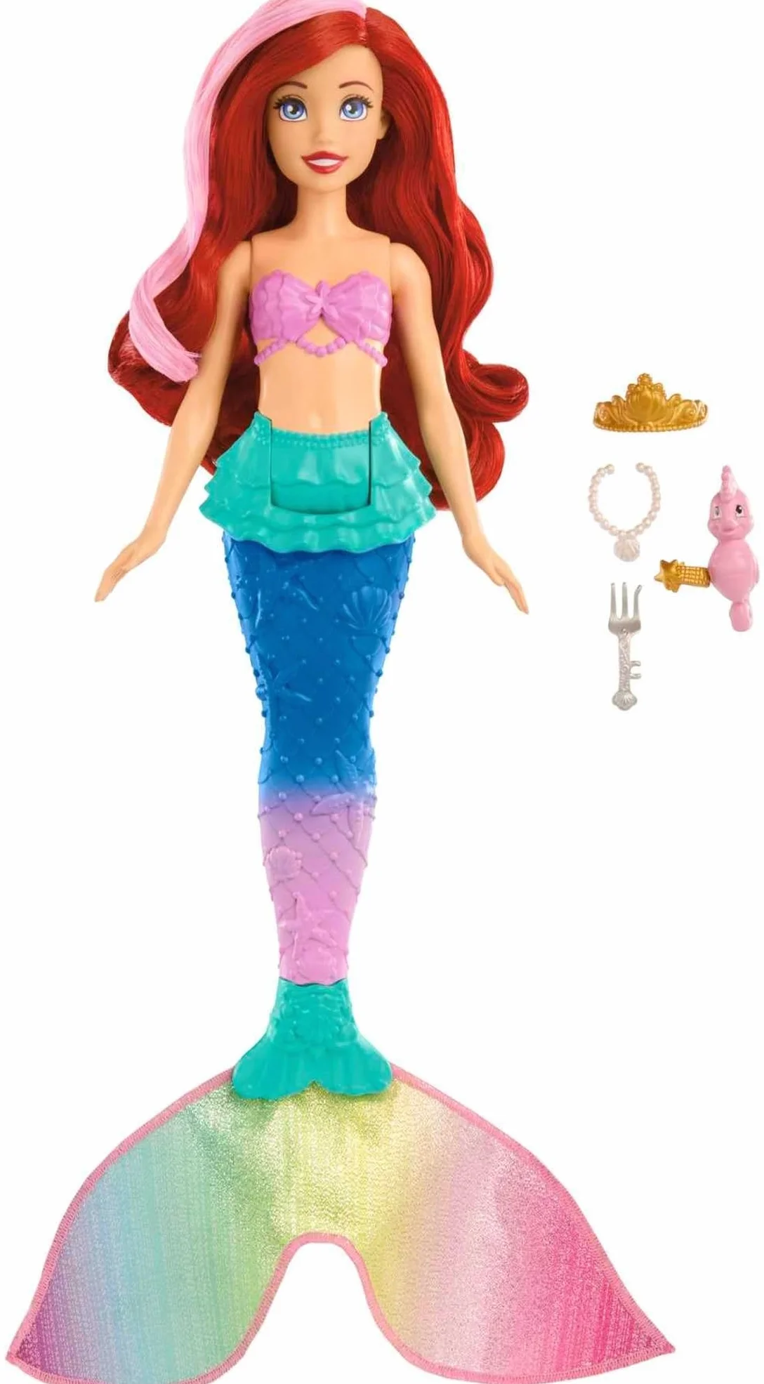 Mattel Księżniczka Disneya Arielka Syrenka z ruchomym ogonem Lalka syrenka ze zmianą koloru na włosach i ogonie, do zabawy z wodą inspirowana filmem Disneya, HPD43