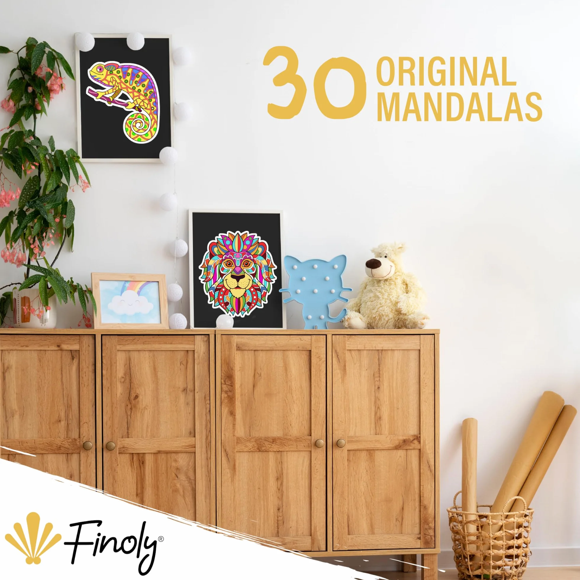 Finoly Mandala Kolorowanka dla Dzieci z 30 Wzorami | Kolorowanka ze Zwierzęcymi Mandalami | Mandala Kolorowanki dla Dzieci z DżungliZwierzętami A4 | Papier Premium | Spiralne Wiązanie | Noc