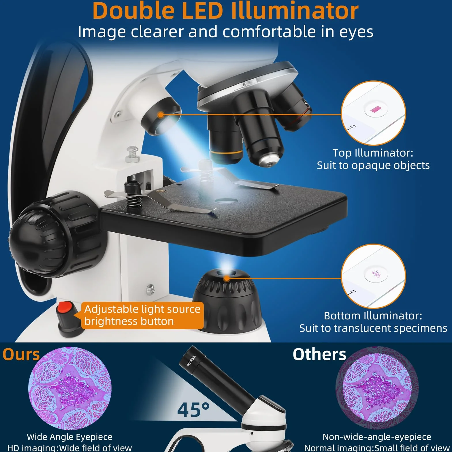 BEBANG Mikroskop dla dorosłych i dzieci, podwójna podświetlana dioda LED 40X-2000X monokular z zestawami, metalowy korpus, slajdy do laboratorium szkolnego