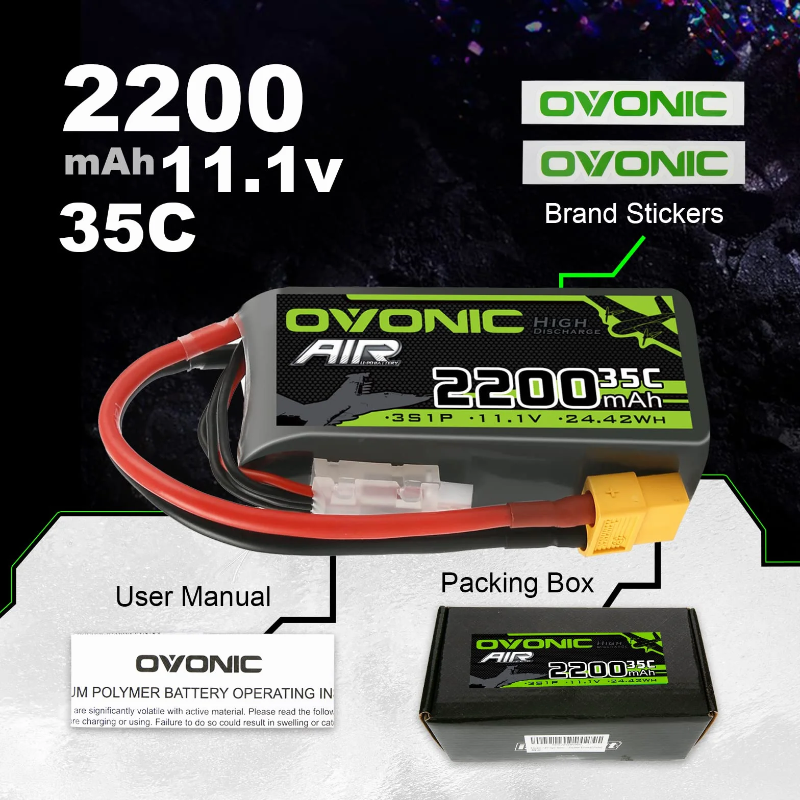OVONIC 3S Lipo akumulator 35C 2200 mAh 11,1 V akumulator krótki zestaw z przyłączem XT60 do helikoptera samolotowego 1:14 RC Car RC samolot (1 szt.)