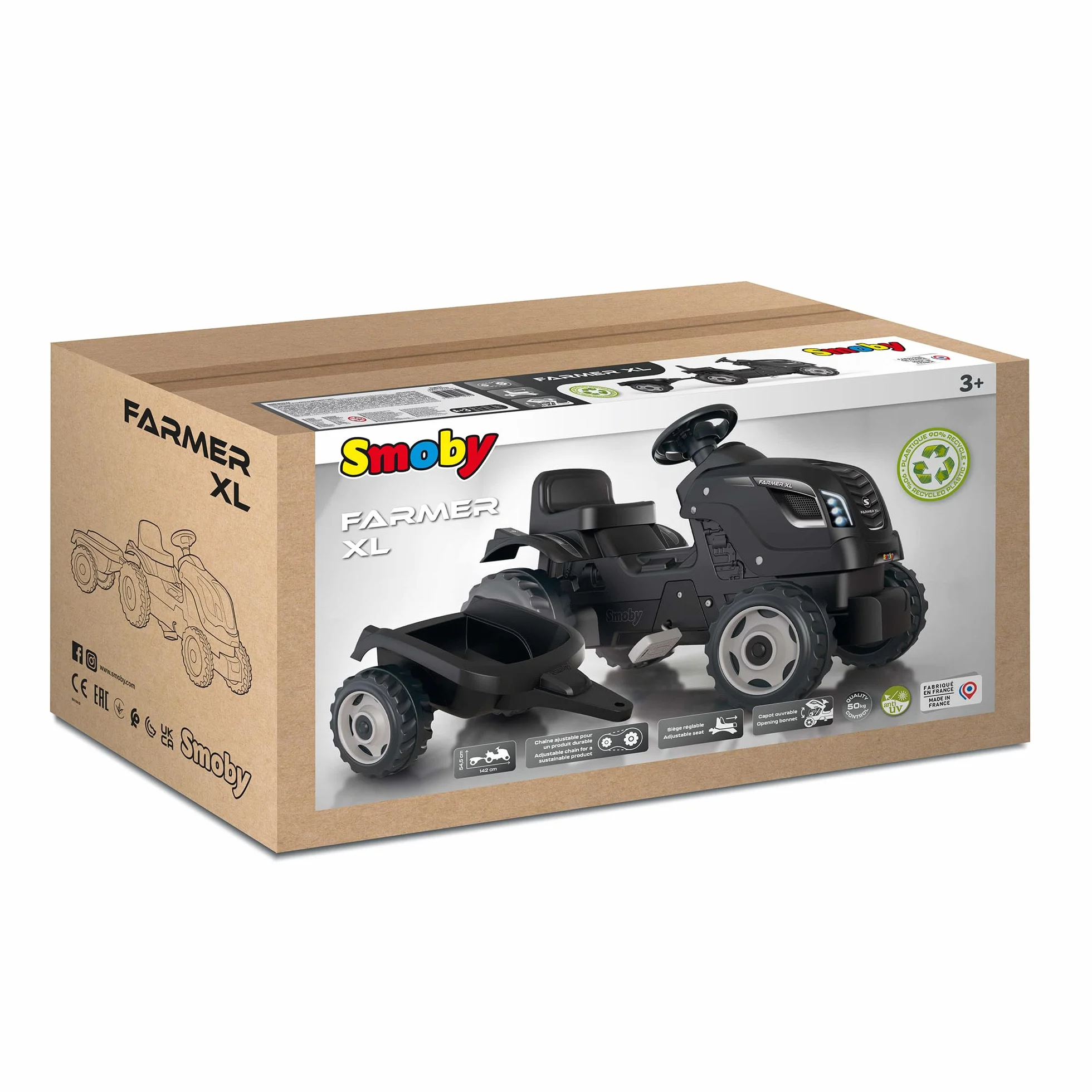 Smoby - Farmer XL Czarny Traktor + Przyczepa - Traktor na pedały dla dzieci - Regulowane Siedzenie - Kierownica z Klaksonem - Otwierana Maska - Od 3 Lat - Wyprodukowano We Francji