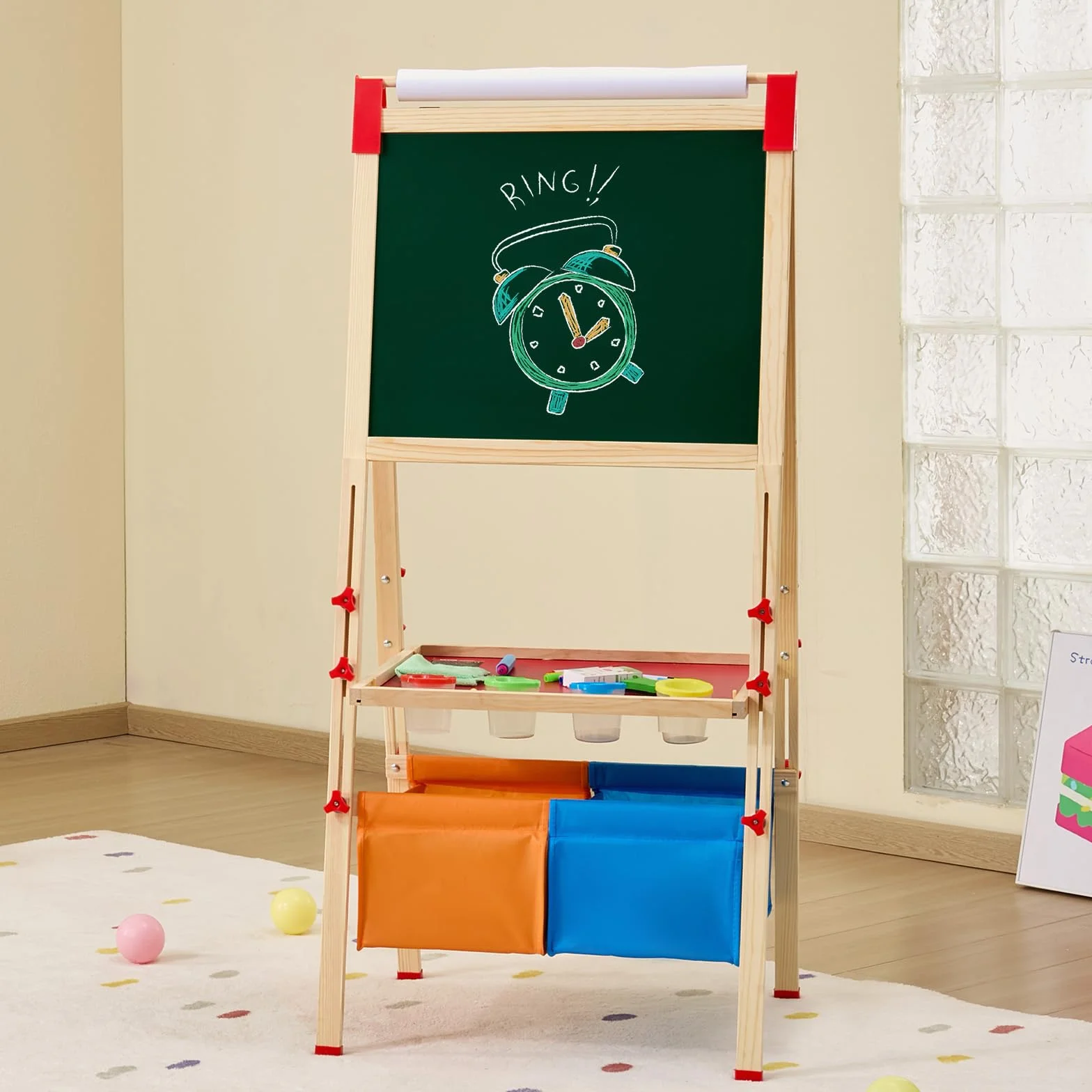 VEVOR 3 w 1 dwustronna drewniana sztaluga dla dzieci z tablicą magnetyczną, tablicą, rolką papieru i miejscem do przechowywania, regulowana sztaluga artystyczna z akcesoriami do malowania dla dzieci