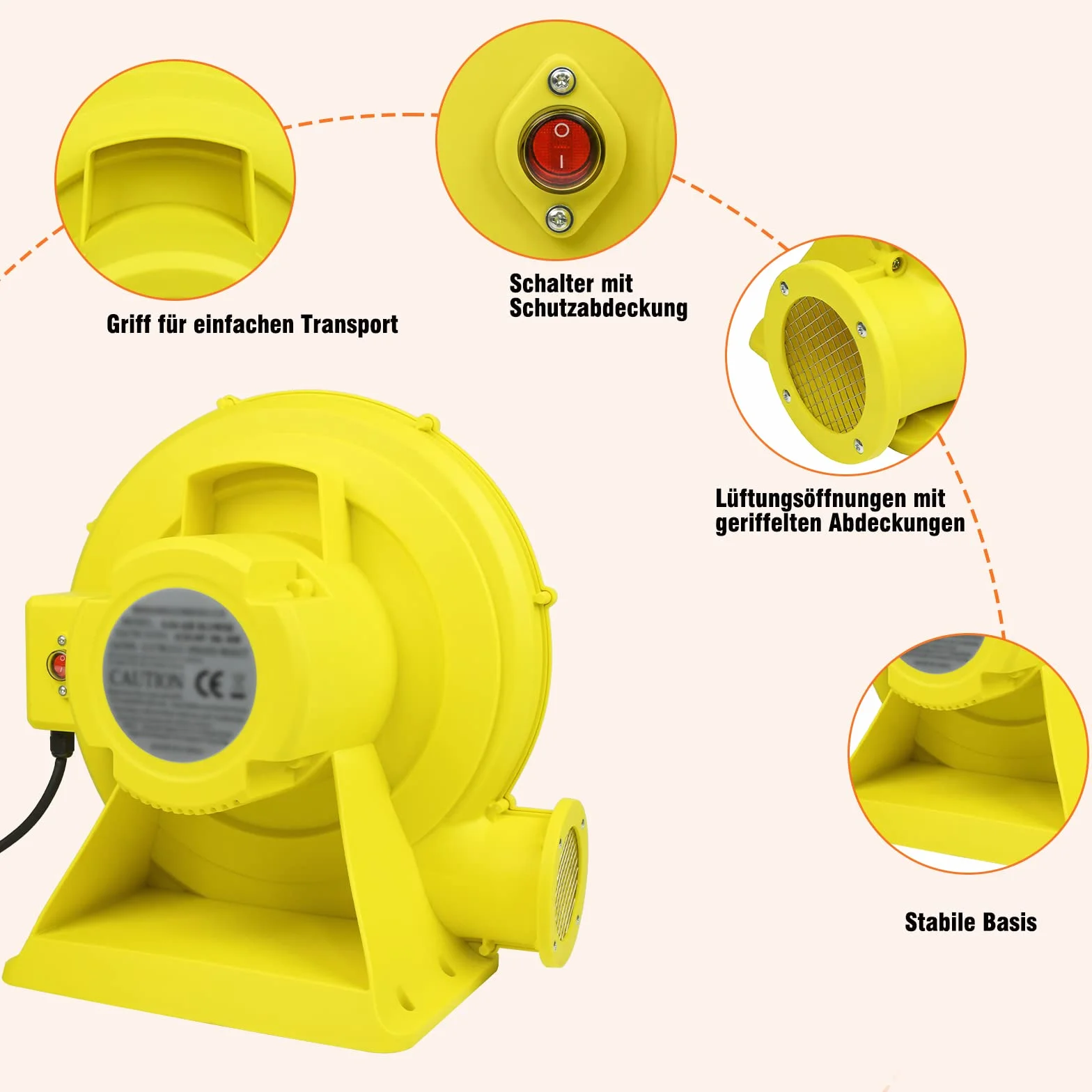 NAIZY Dmuchawa powietrza 750 W do zamku dmuchanego, 2100 Pa, 580 m³/h, elektryczny wentylator promieniowy z gwoździami podłogowymi, nadmuchiwana zabawka, pompa turbo